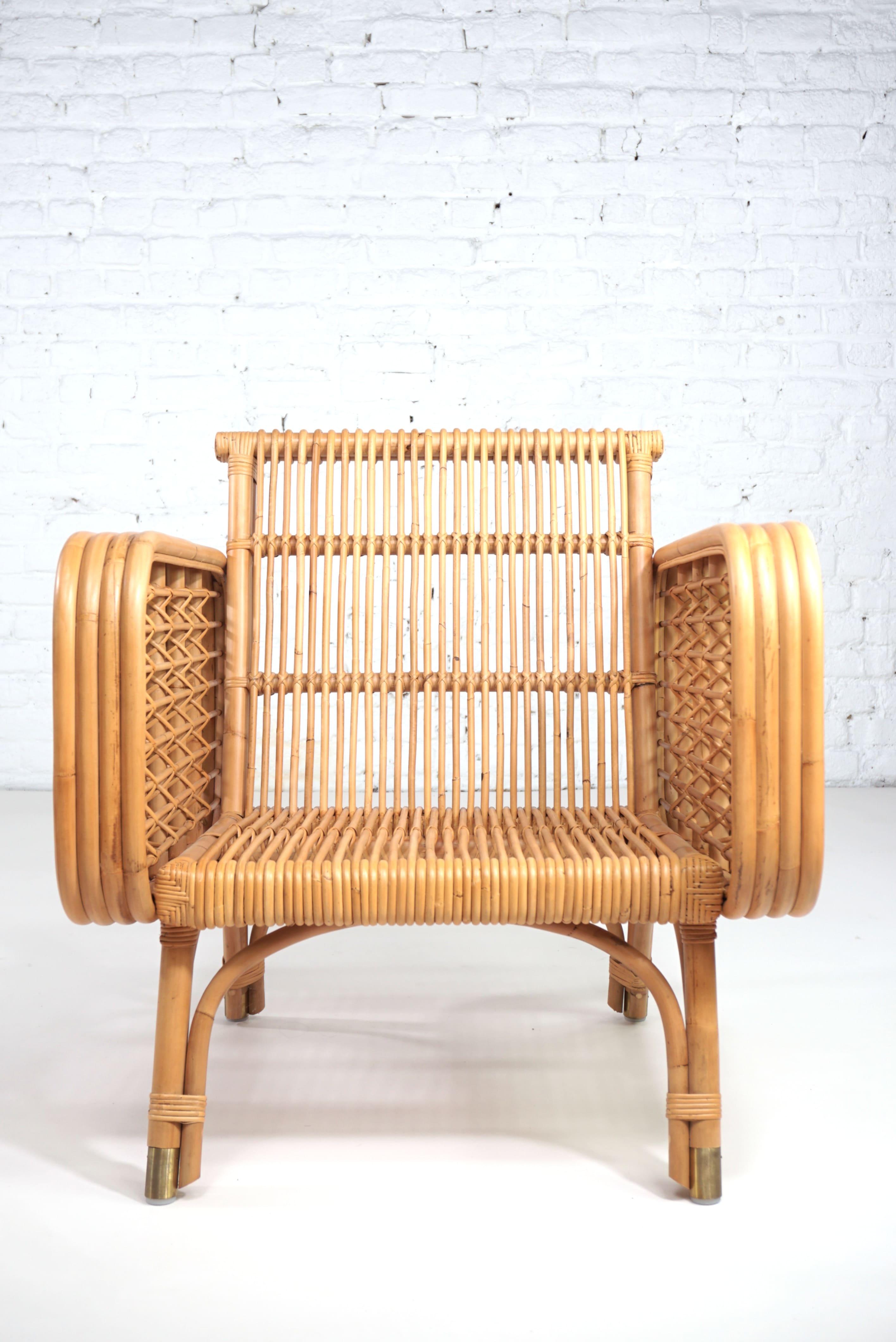 French Design and 1950s Style Rattan and Brass Pair of Armchairs 2