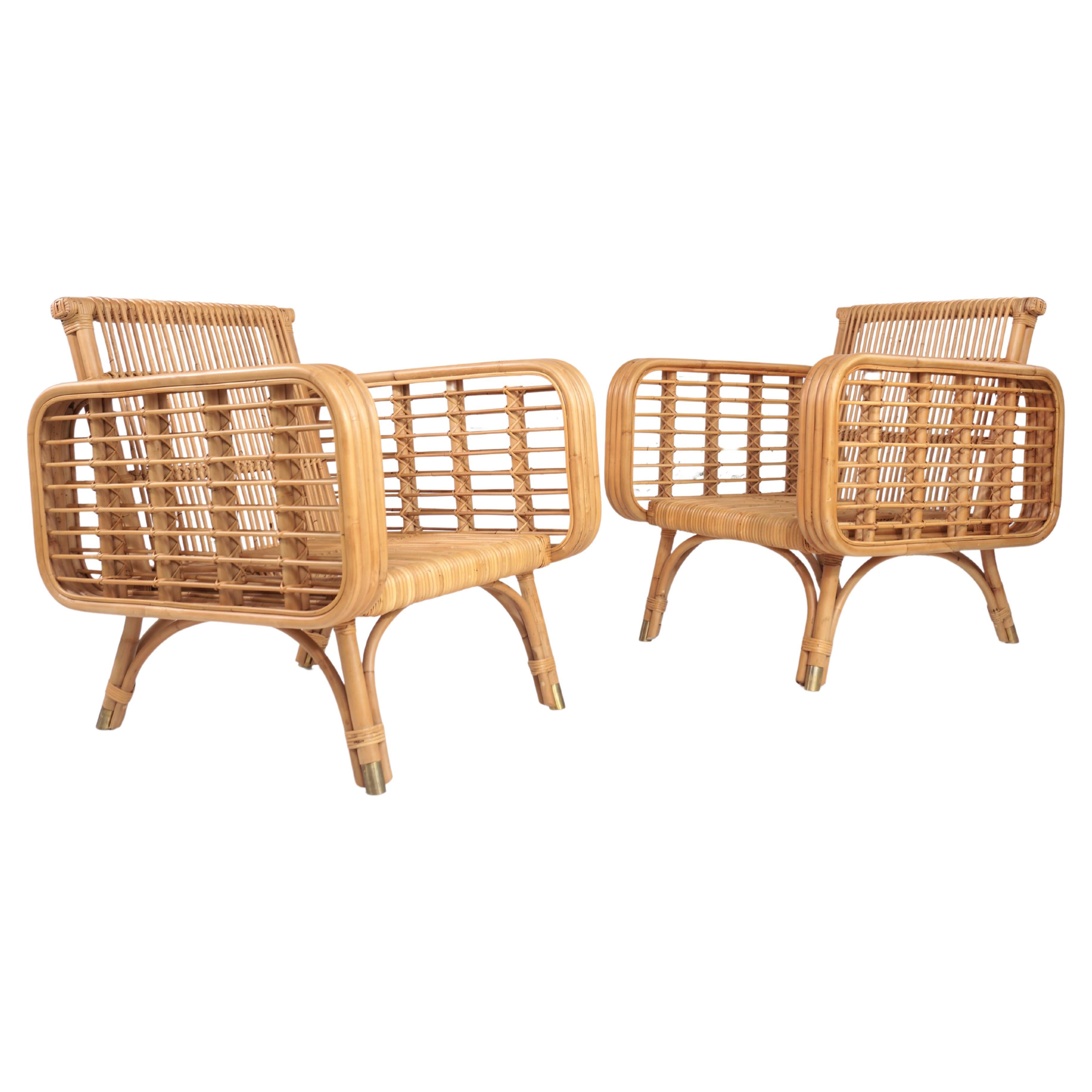 French Design and 1950s Style Rattan and Brass Pair of Armchairs