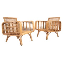 French Design and 1950s Style Rattan and Brass Pair of Armchairs