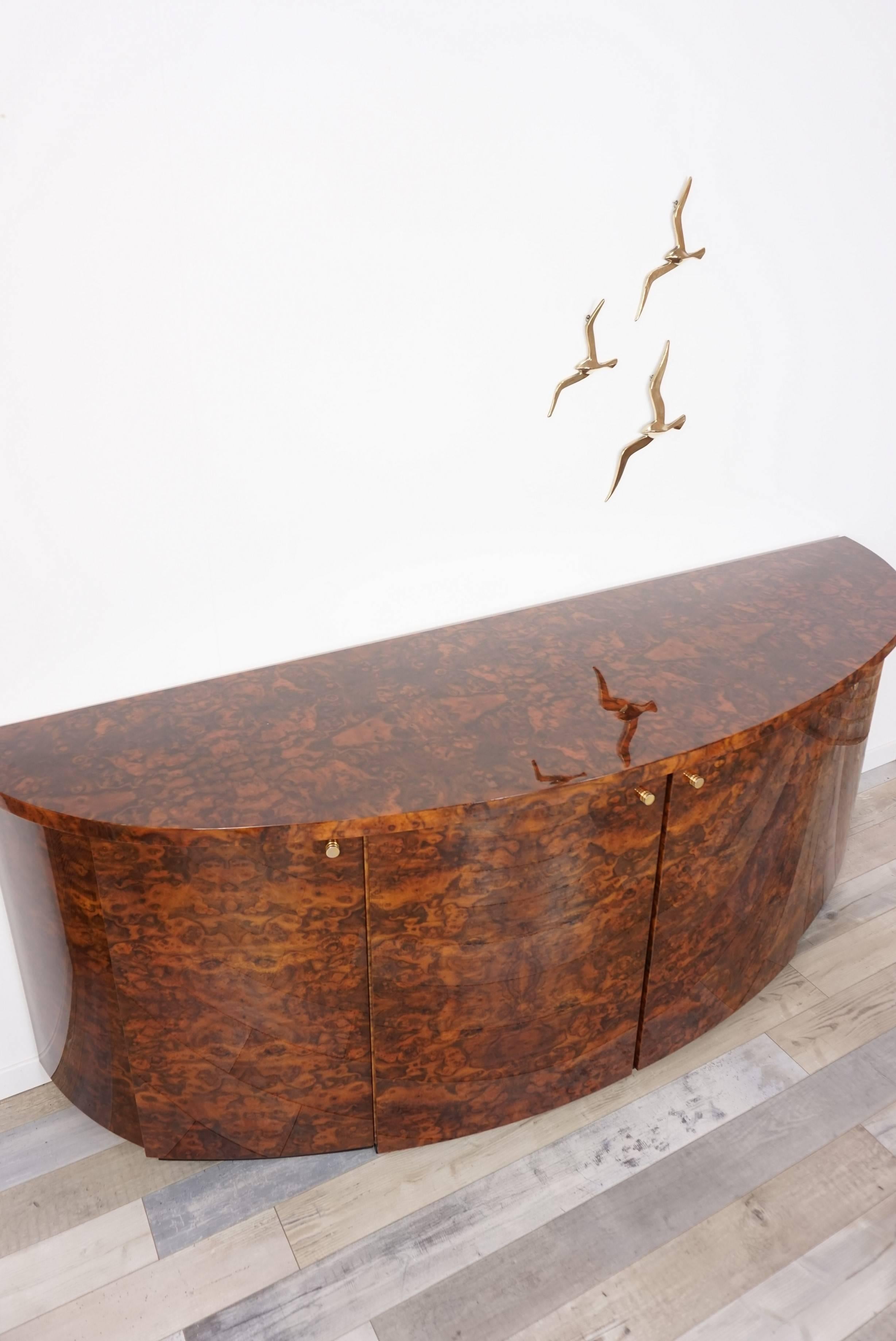 French Design and Art Deco Style Burl Wood and Brass Curved Sideboard 9