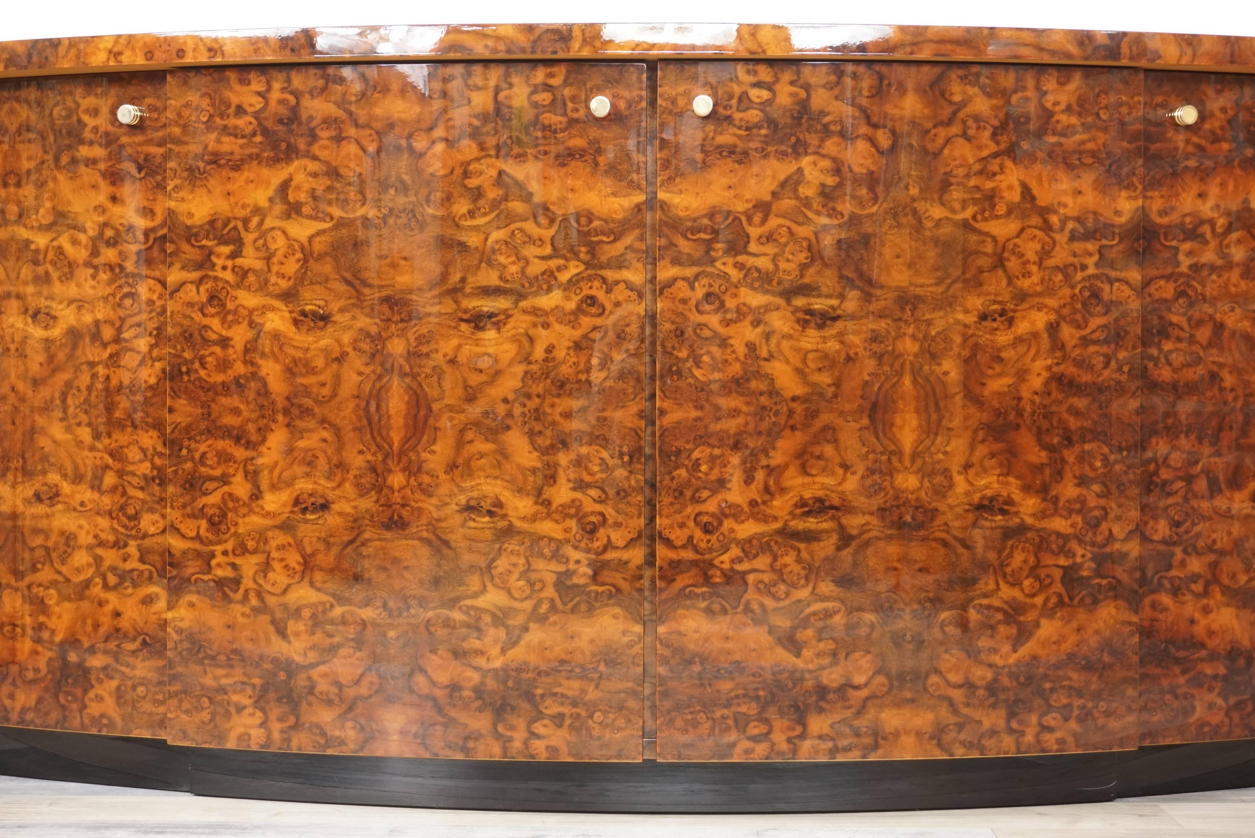 French Design and Art Deco Style Burl Wood and Brass Curved Sideboard 11