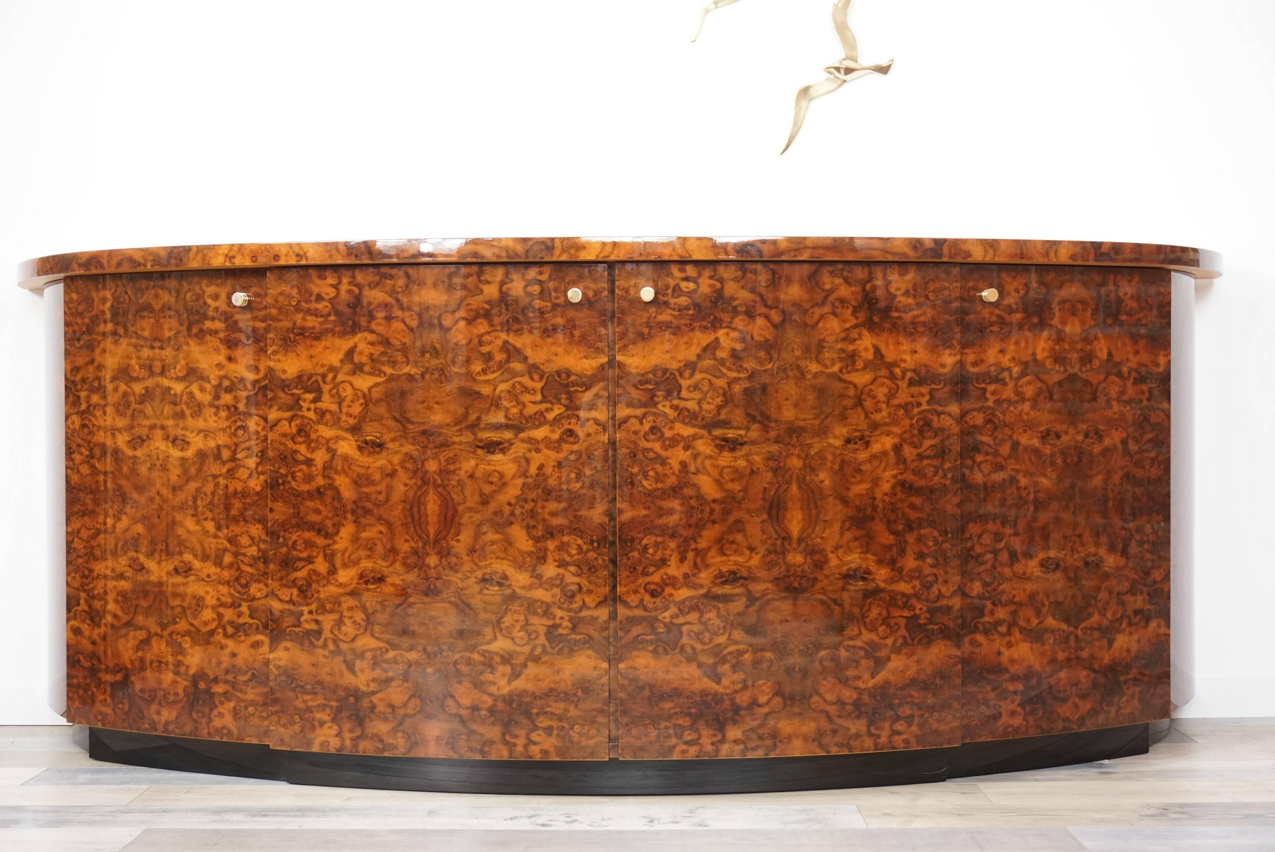 French Design and Art Deco Style Burl Wood and Brass Curved Sideboard 12