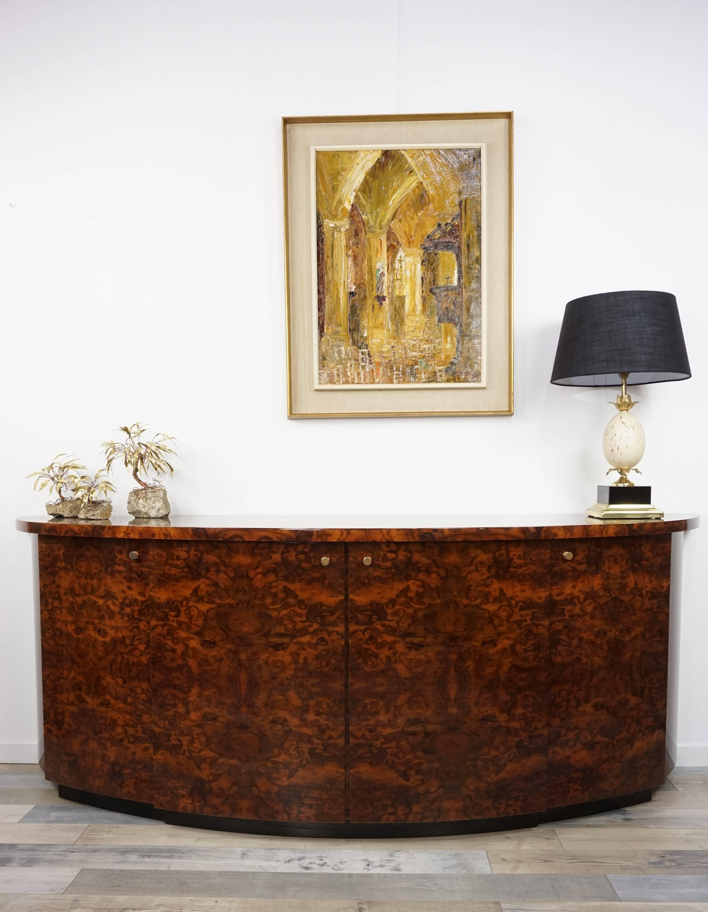 French Design and Art Deco Style Burl Wood and Brass Curved Sideboard 15