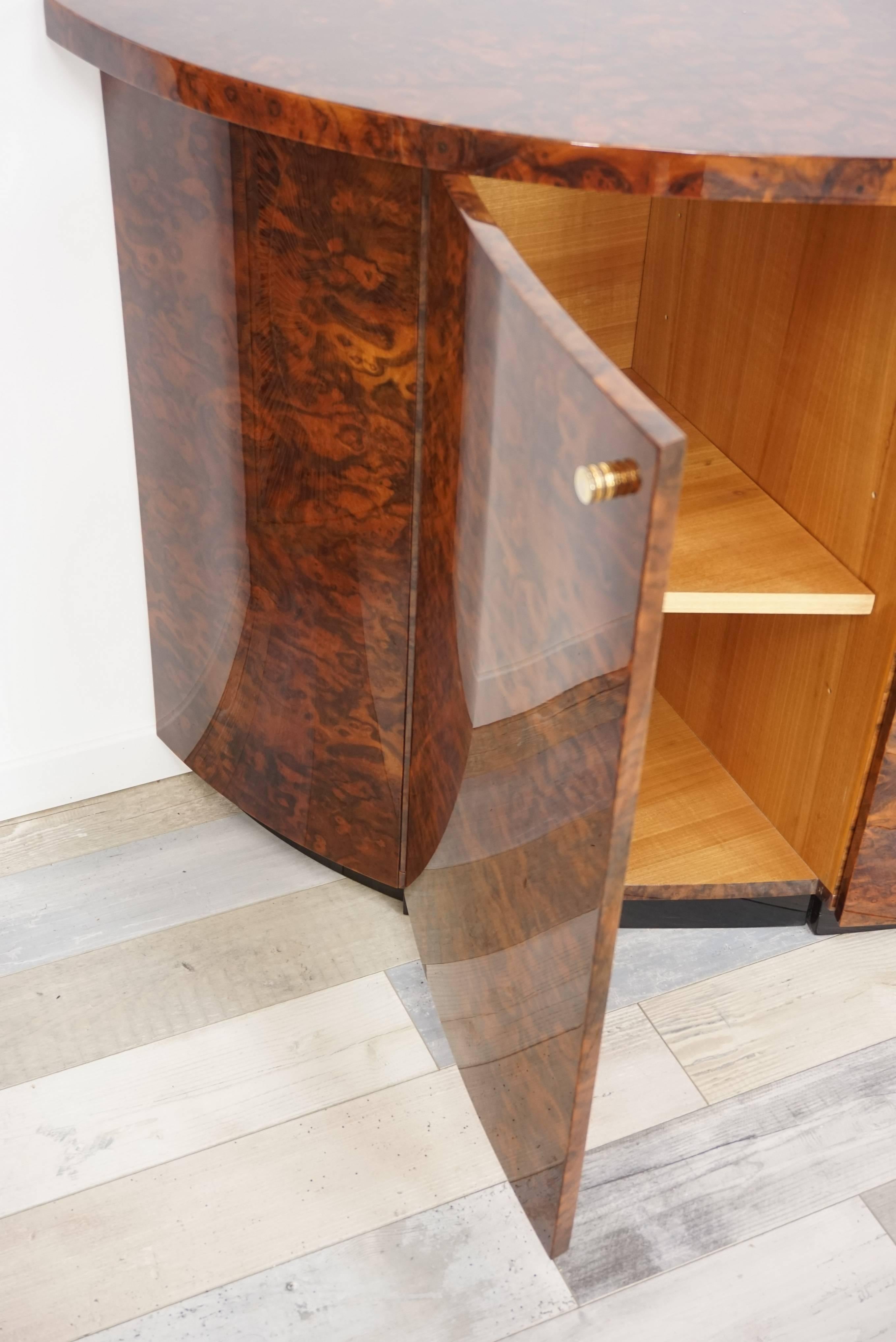 French Design and Art Deco Style Burl Wood and Brass Curved Sideboard 4