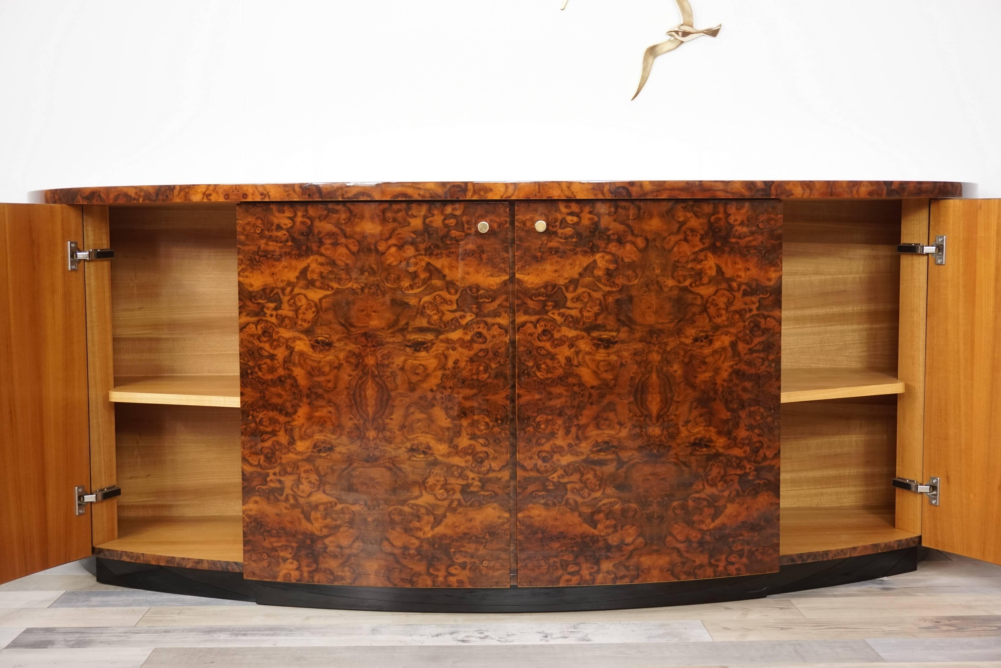 French Design and Art Deco Style Burl Wood and Brass Curved Sideboard 5