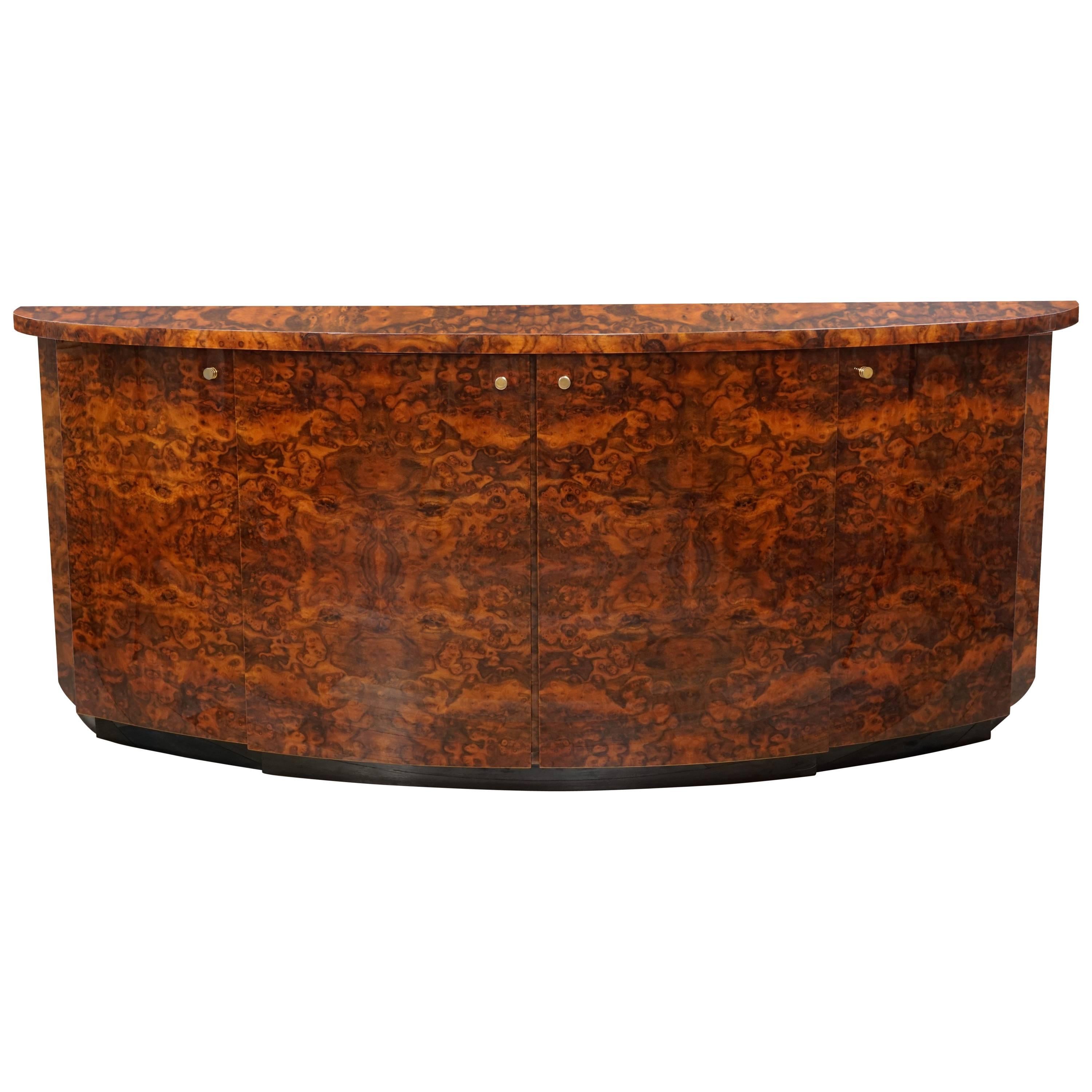 French Design and Art Deco Style Burl Wood and Brass Curved Sideboard