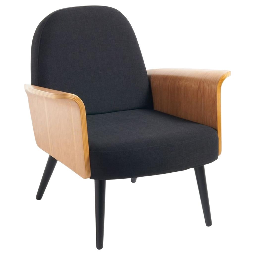 French Design and Midcentury Style Black Fabric and Wood Armchair