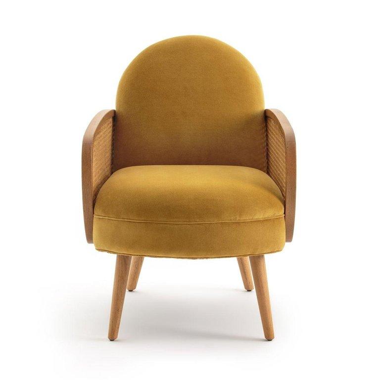 Scandinavo moderno Poltrona in velluto e legno dal design francese e dallo stile del Medioevo