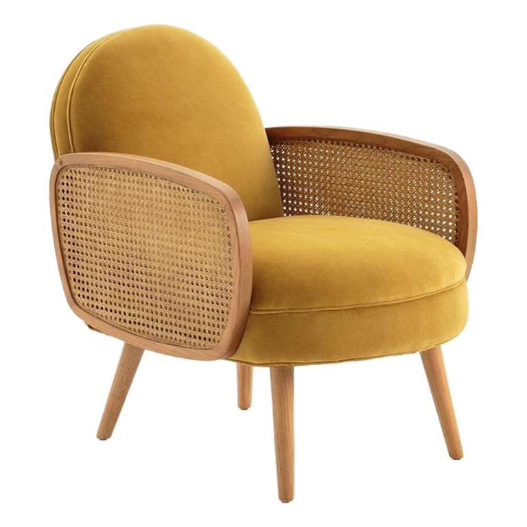 French Design and Midcentury Style Velvet and Wood Armchair