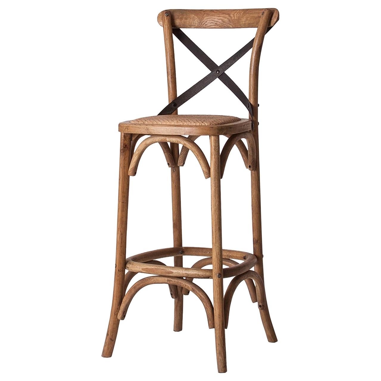 French Design and Parisian Bistrot Style Wooden and Wicker Bar Stool