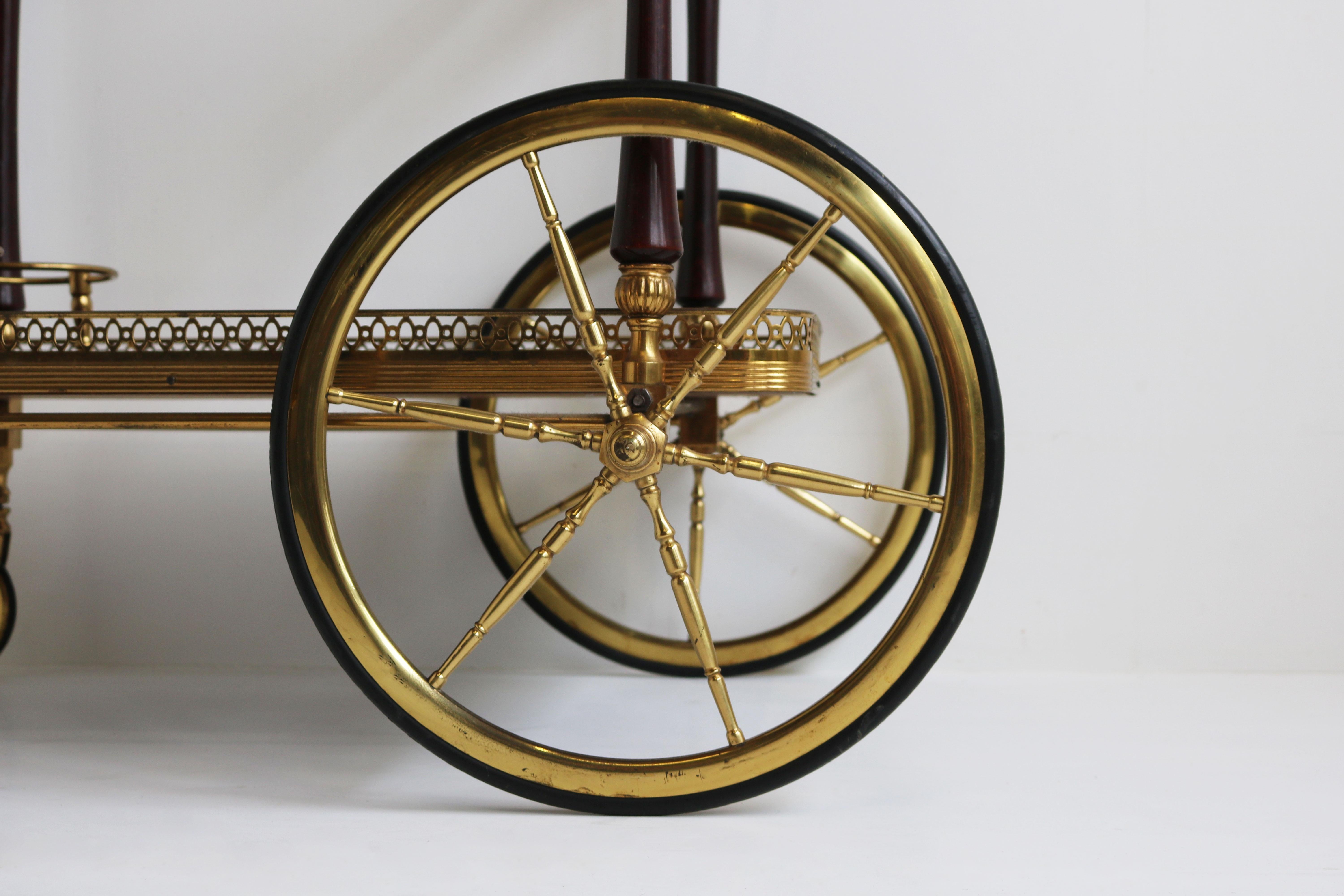 French Design Bar Cart by Maison Bagues 1950 Brass Glass Wood Serving Trolley 1