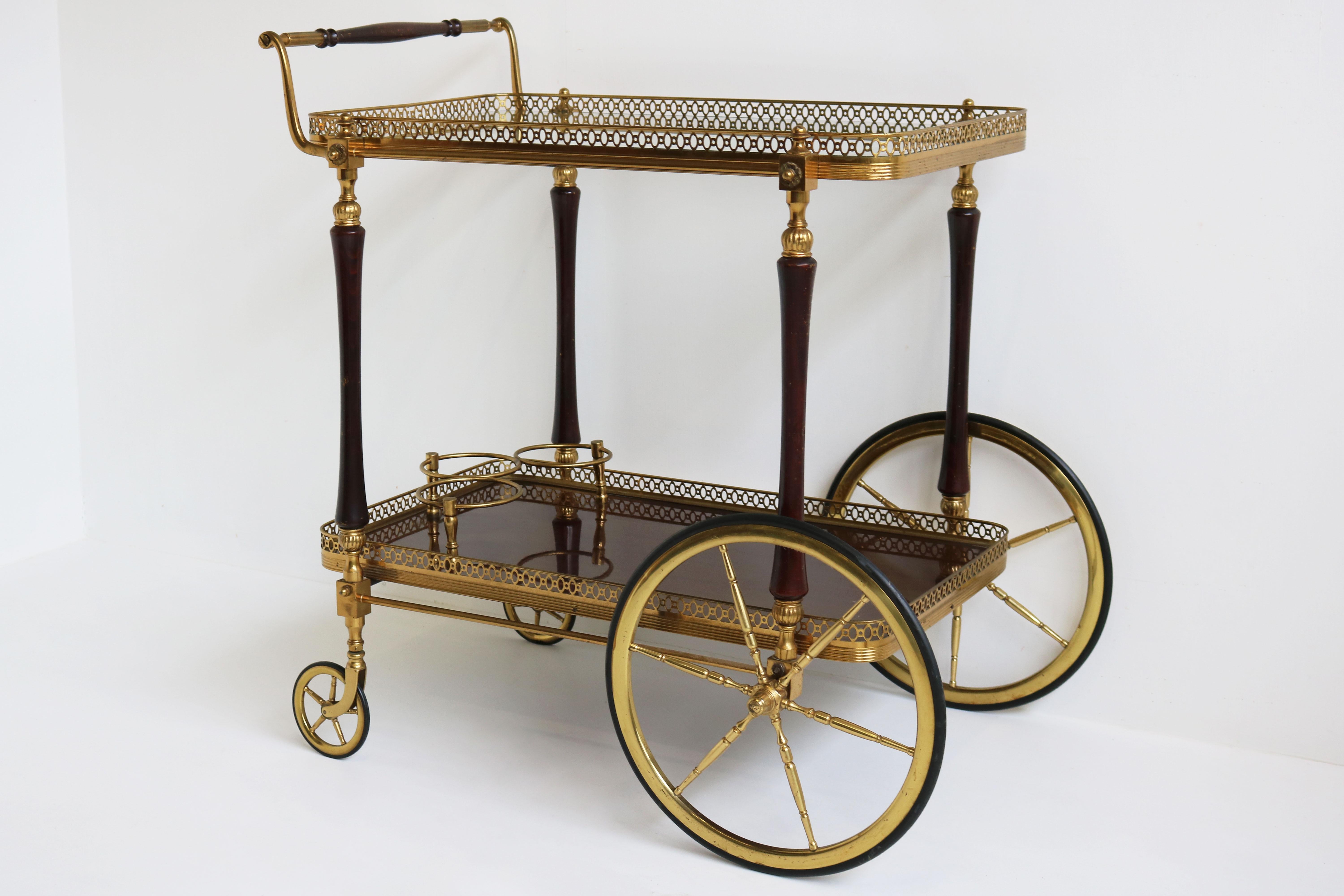 French Design Bar Cart by Maison Bagues 1950 Brass Glass Wood Serving Trolley 2
