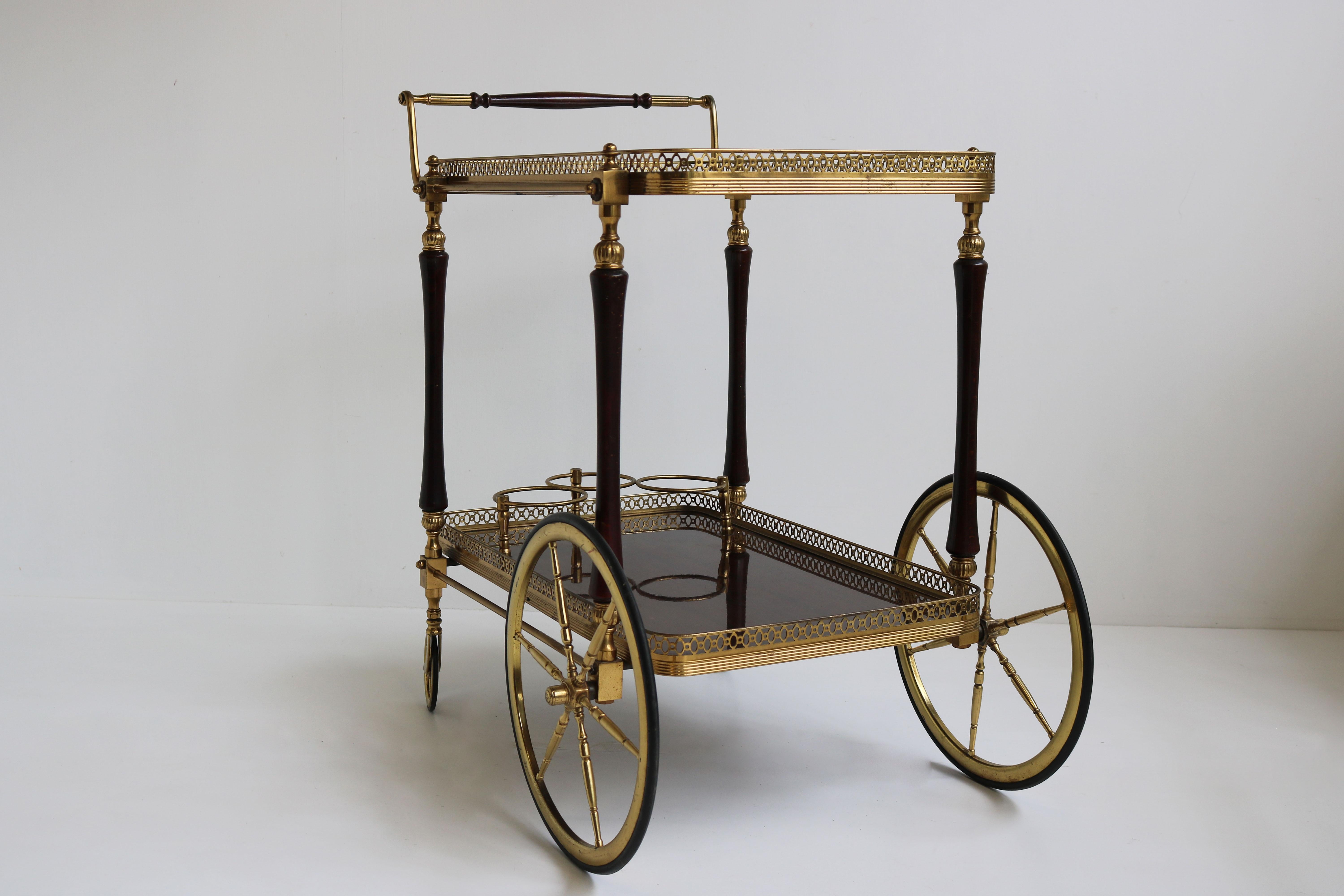 French Design Bar Cart by Maison Bagues 1950 Brass Glass Wood Serving Trolley 3