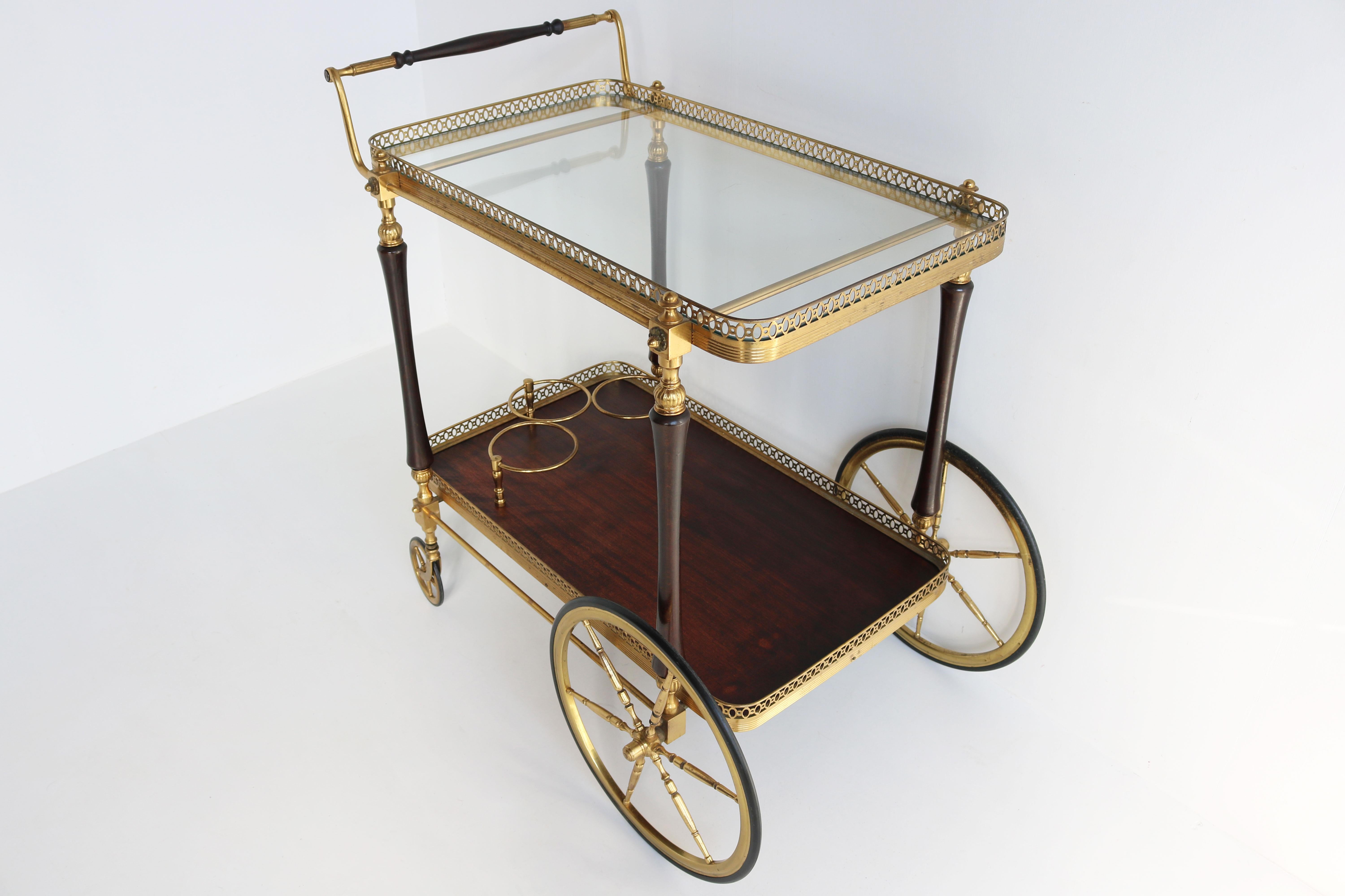 Hollywood Regency French Design Bar Cart by Maison Bagues 1950 Brass Glass Wood Serving Trolley