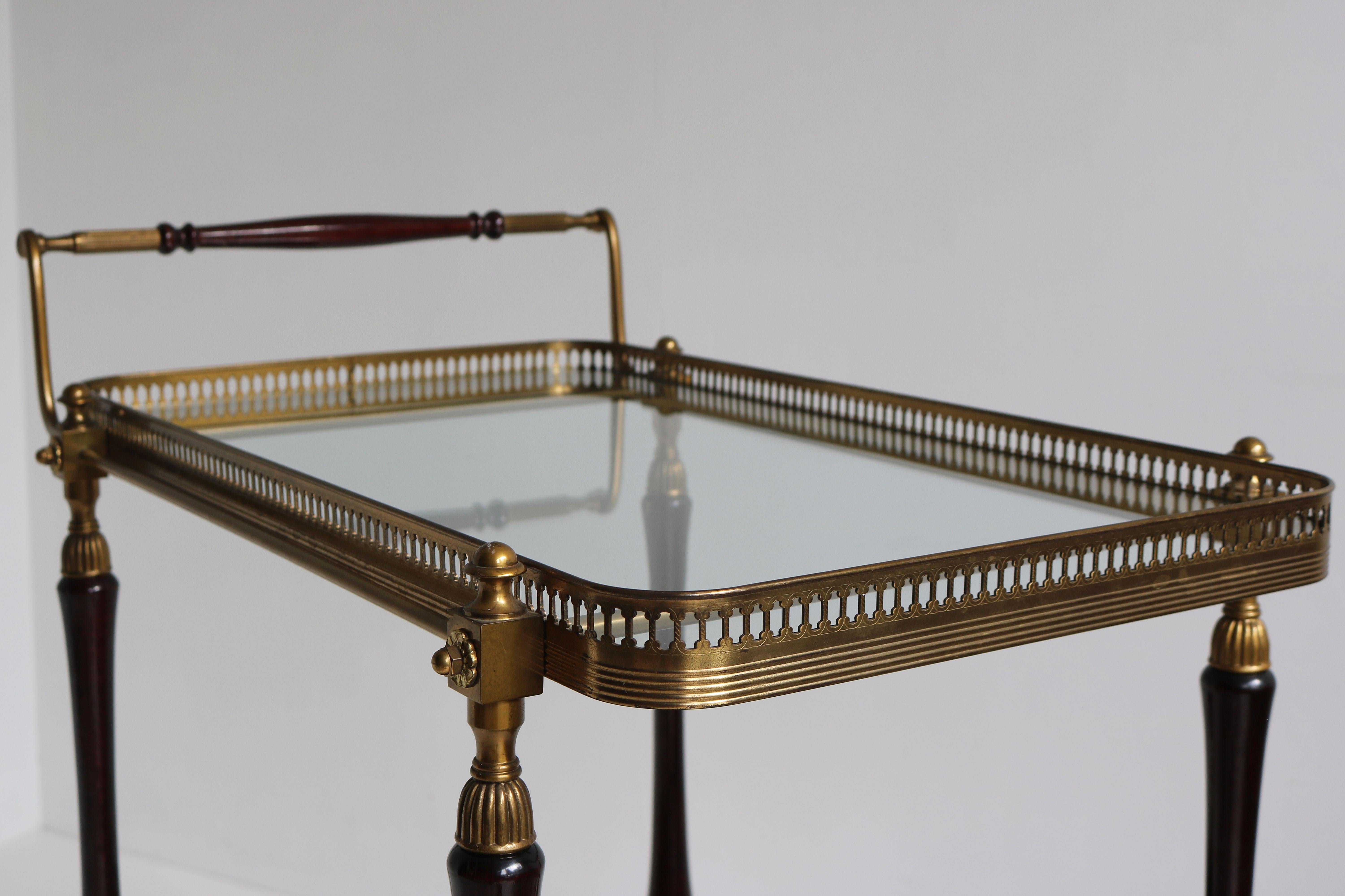 Hand-Crafted French Design Bar Cart by Maison Bagues 1950 Brass Glass Wood Serving Trolley