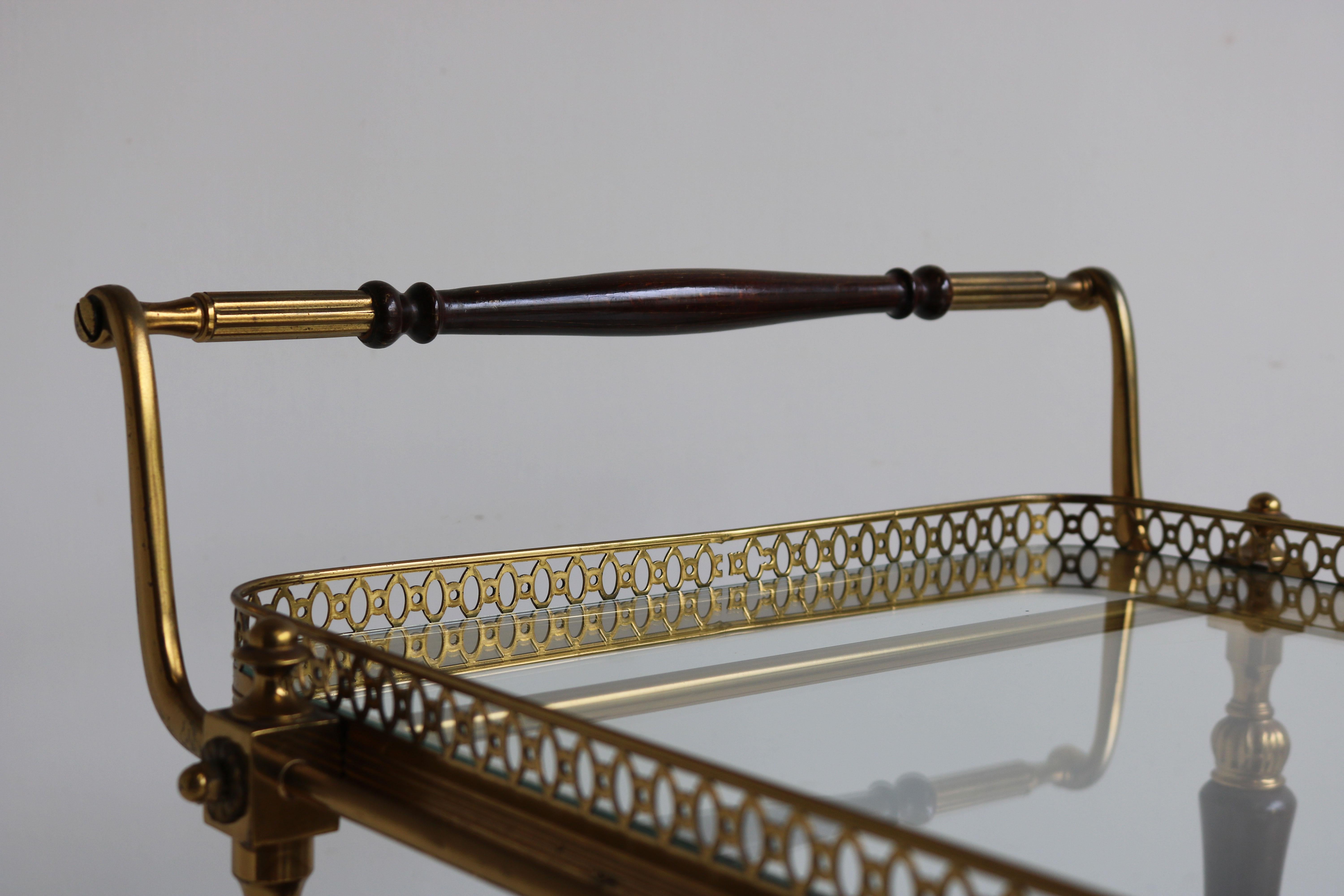 Hollywood Regency French Design Bar Cart by Maison Bagues 1950 Brass Glass Wood Serving Trolley