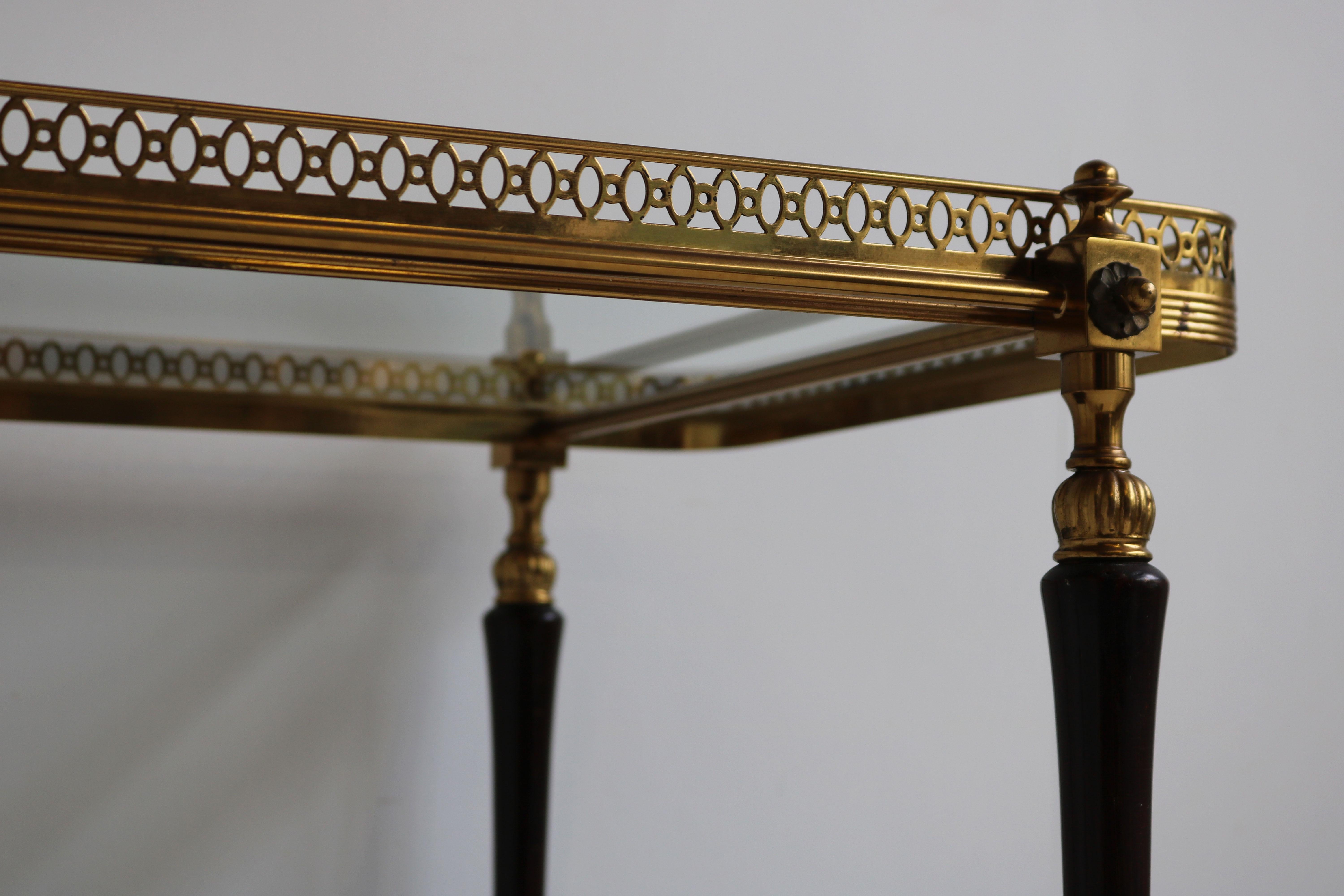 Hand-Carved French Design Bar Cart by Maison Bagues 1950 Brass Glass Wood Serving Trolley