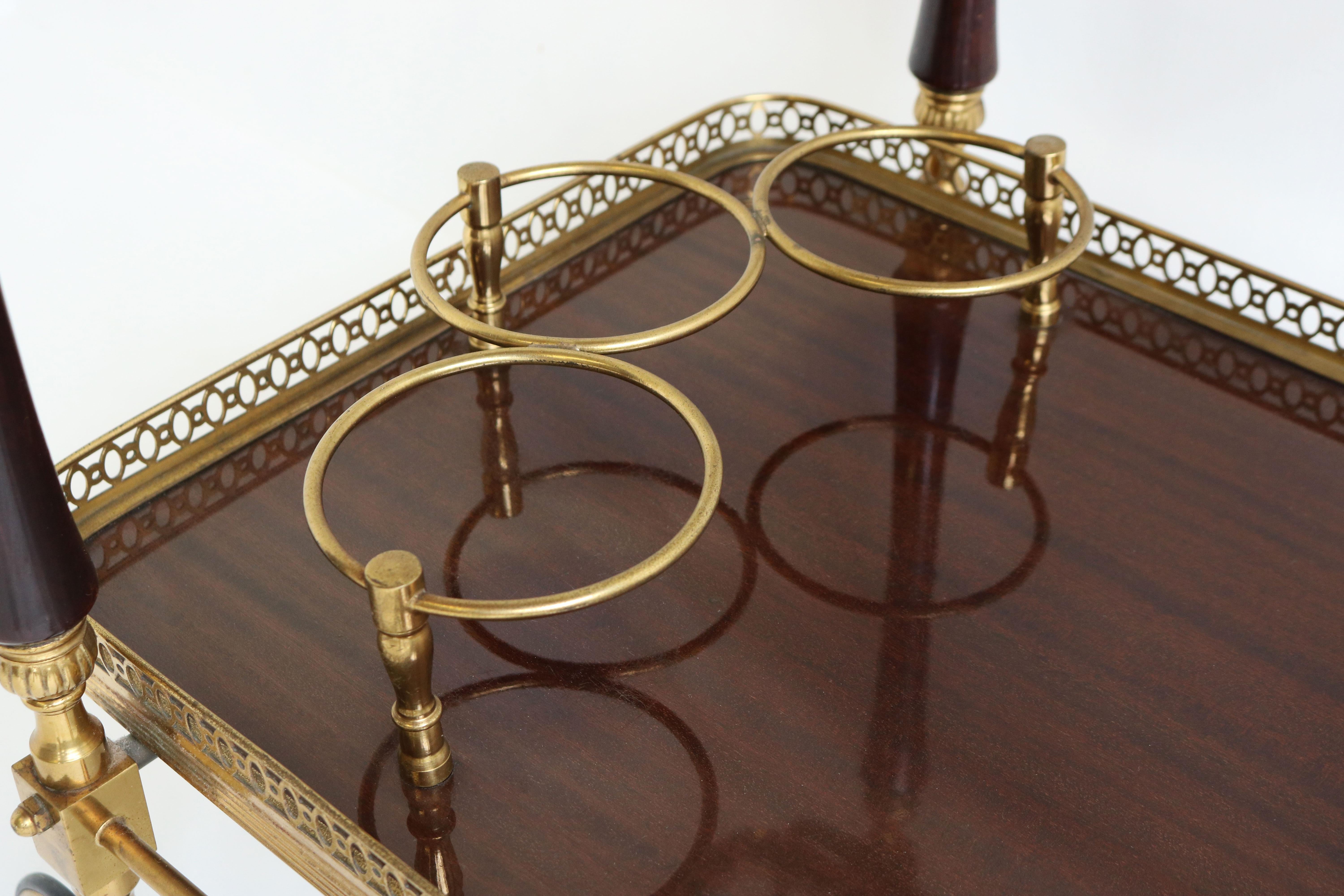 French Design Bar Cart by Maison Bagues 1950 Brass Glass Wood Serving Trolley In Good Condition In Ijzendijke, NL
