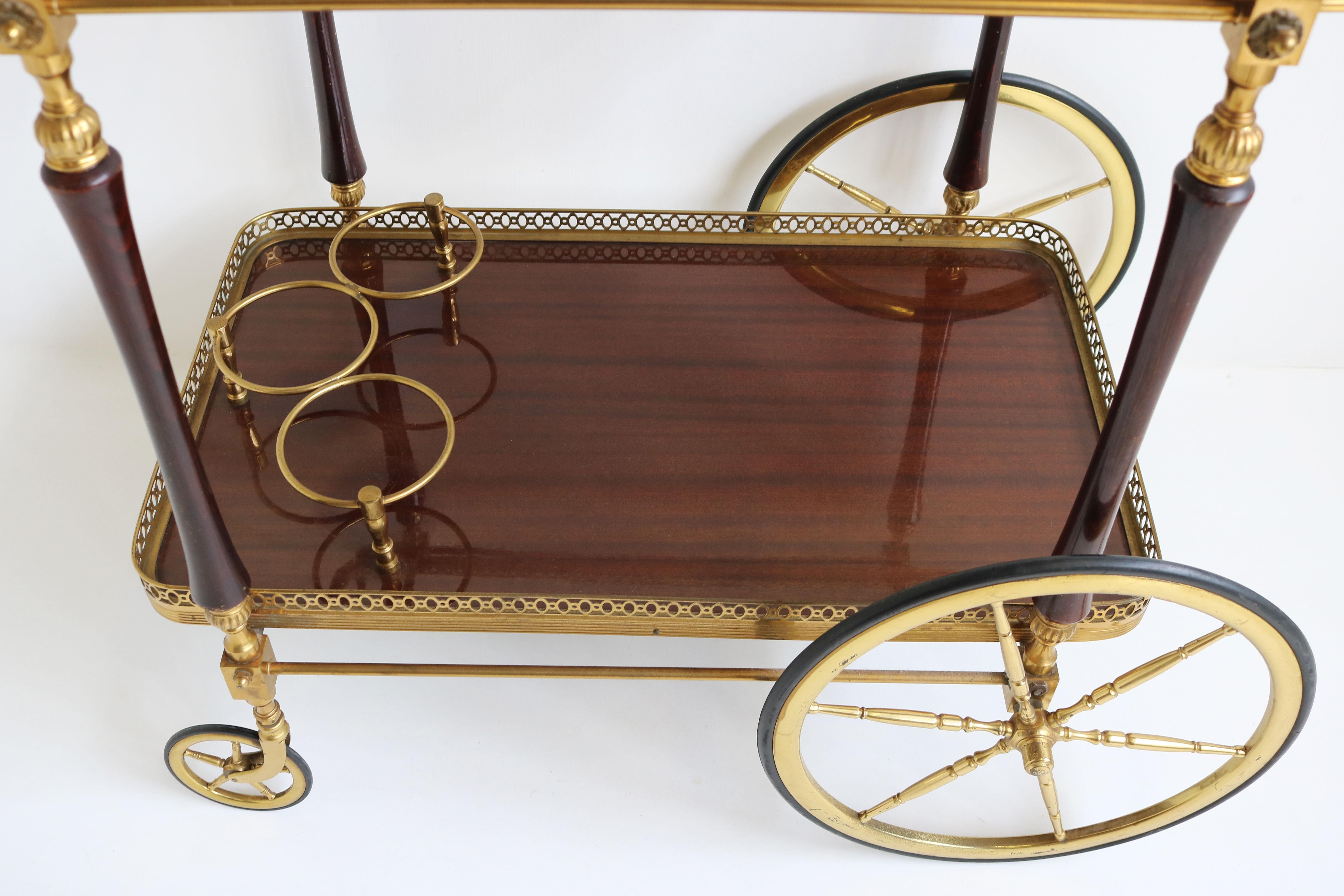 Mid-20th Century French Design Bar Cart by Maison Bagues 1950 Brass Glass Wood Serving Trolley