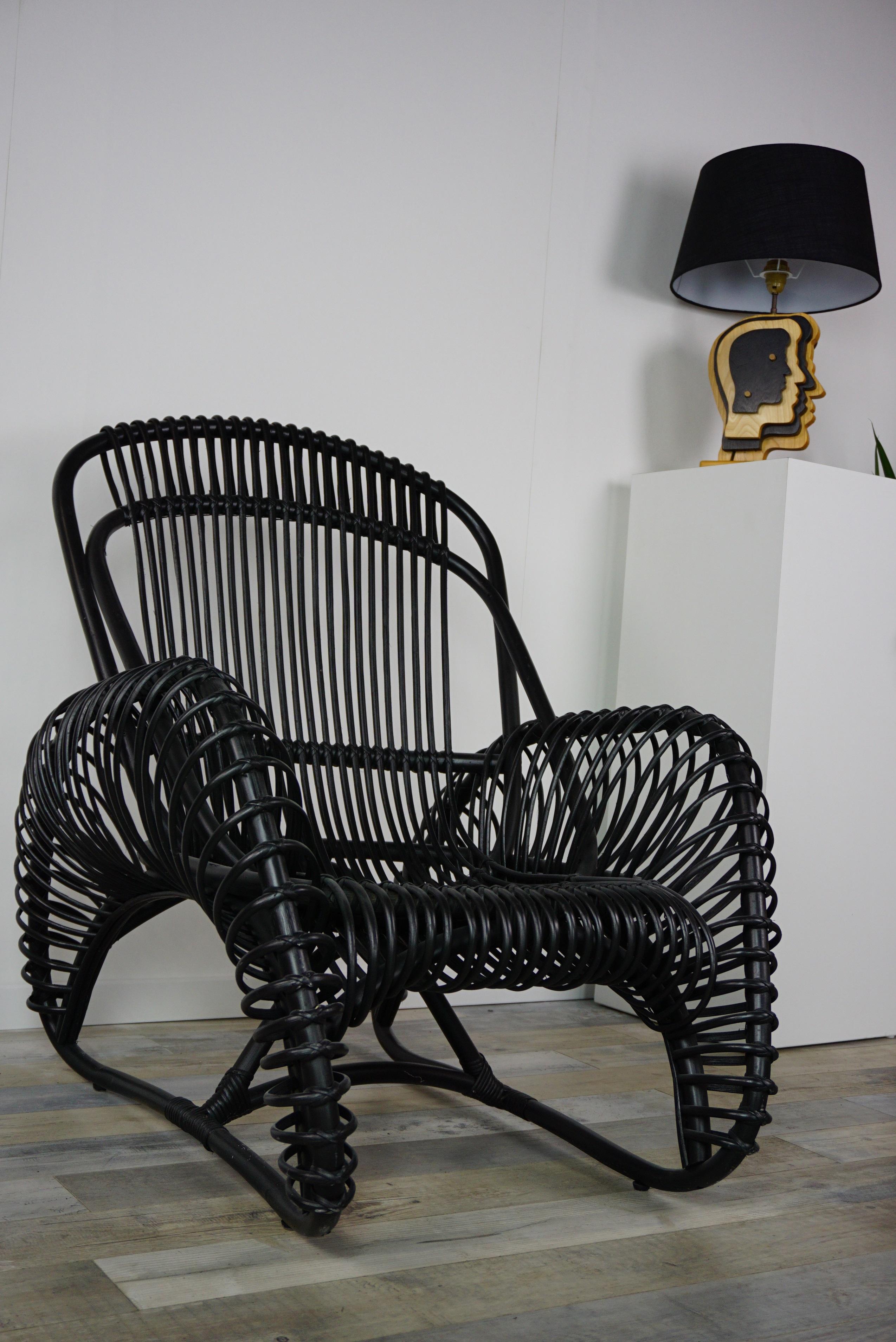 French Design Black Rattan Lounger Armchair For Sale 7