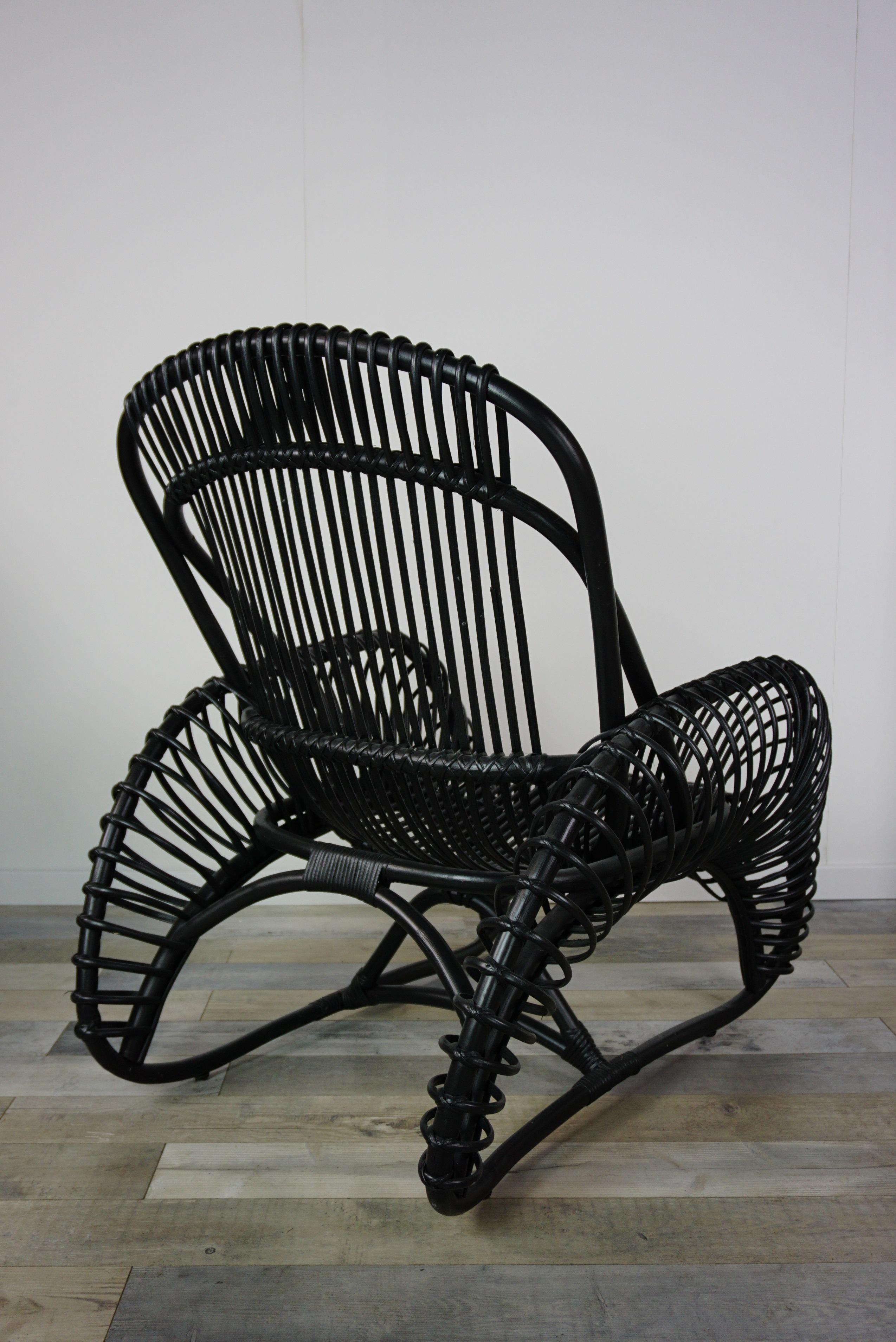 20th Century French Design Black Rattan Lounger Armchair For Sale