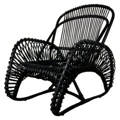 French Design Black Rattan Lounger Armchair