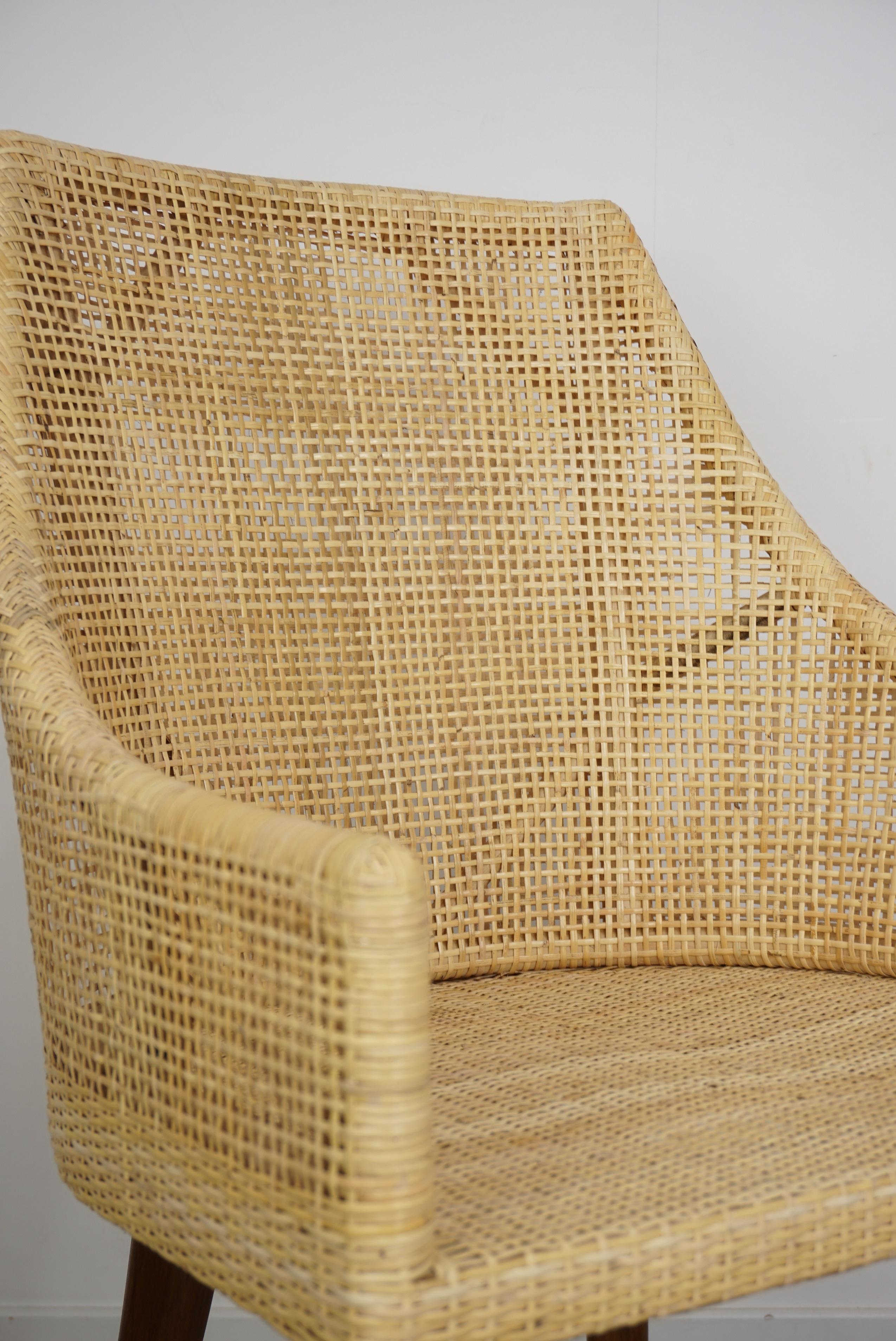 Mid-Century Modern French Design Braided Rattan and Wooden Dining Armchair For Sale
