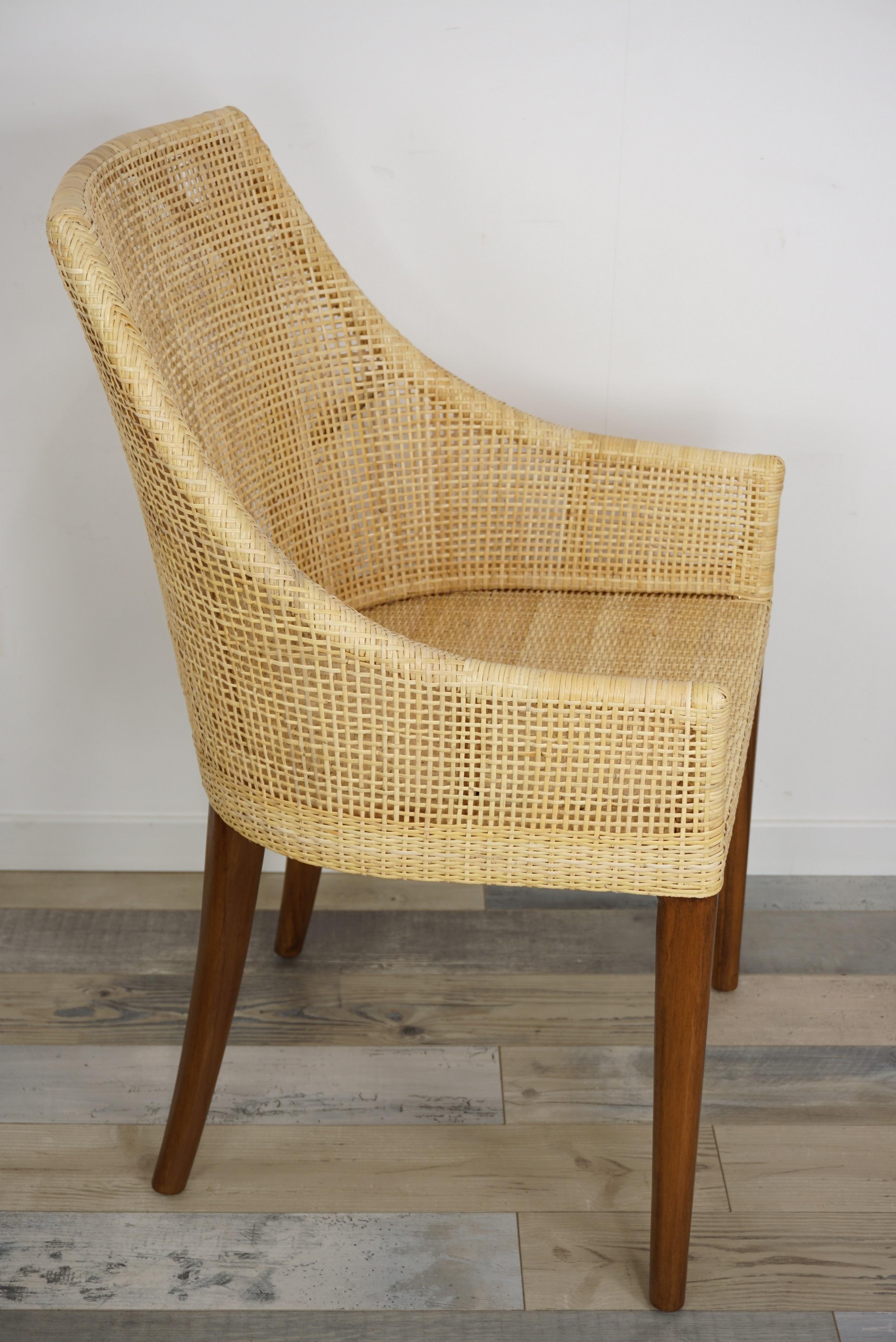 Contemporary French Design Braided Rattan and Wooden Dining Armchair For Sale