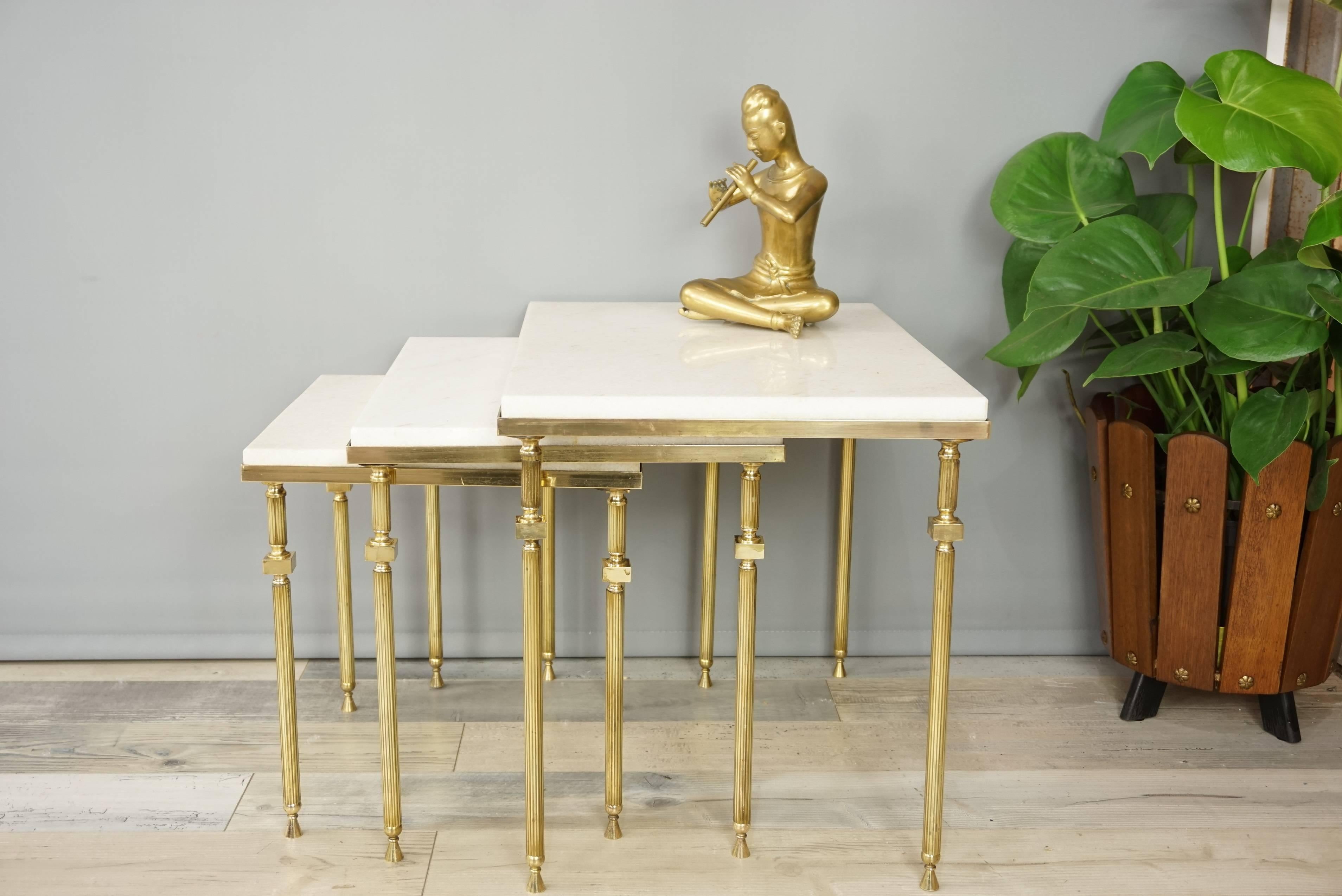 French Design Brass and White Marble Set of Nesting Tables For Sale 7