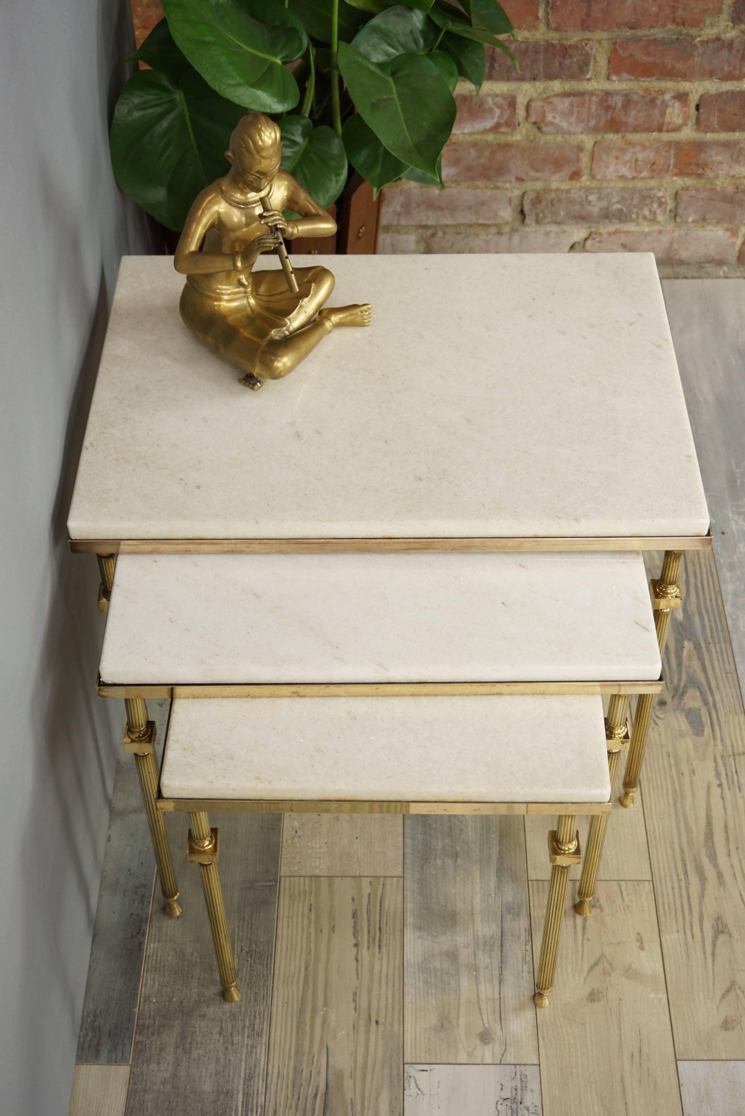 French Design Brass and White Marble Set of Nesting Tables For Sale 8