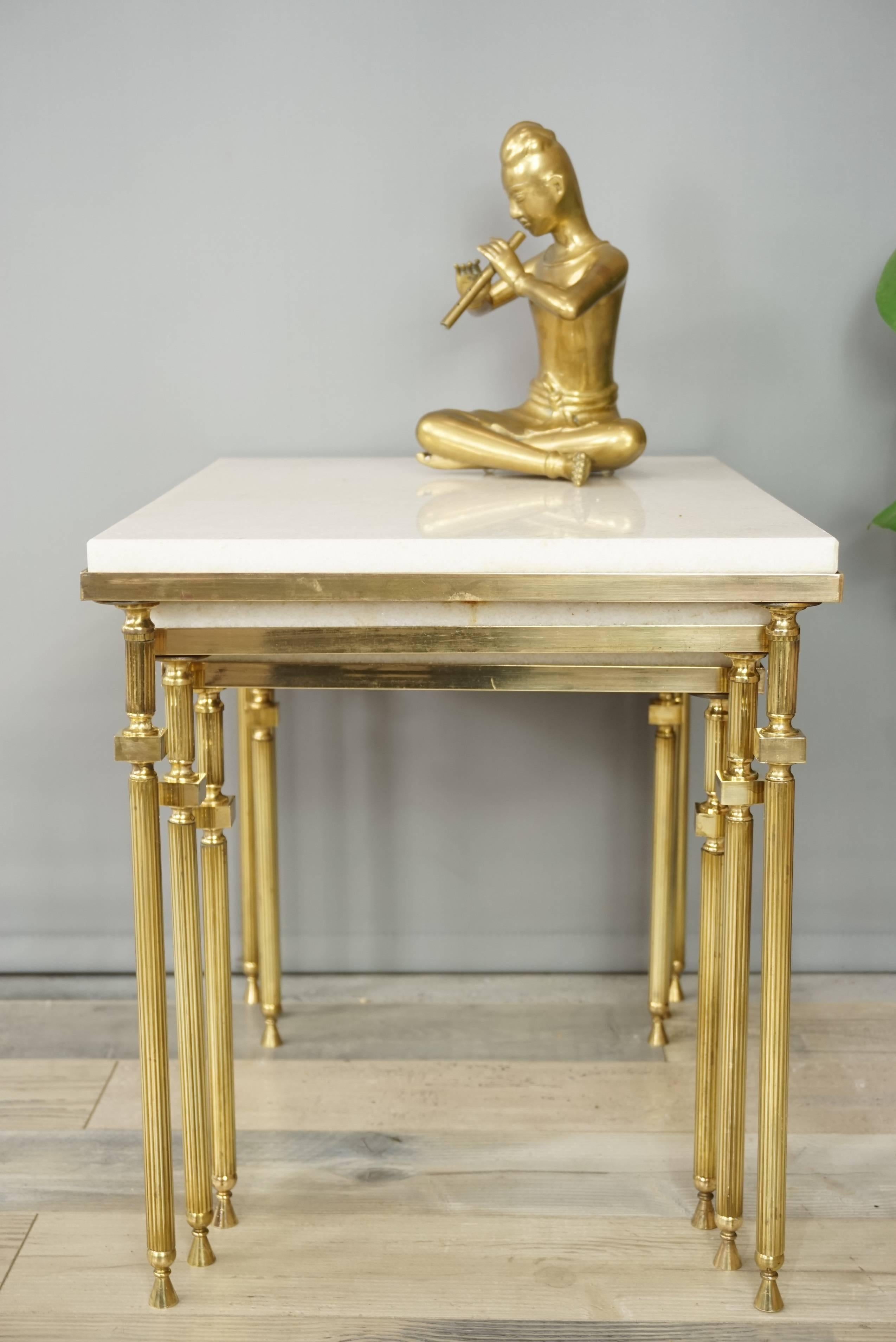 French Design Brass and White Marble Set of Nesting Tables For Sale 9