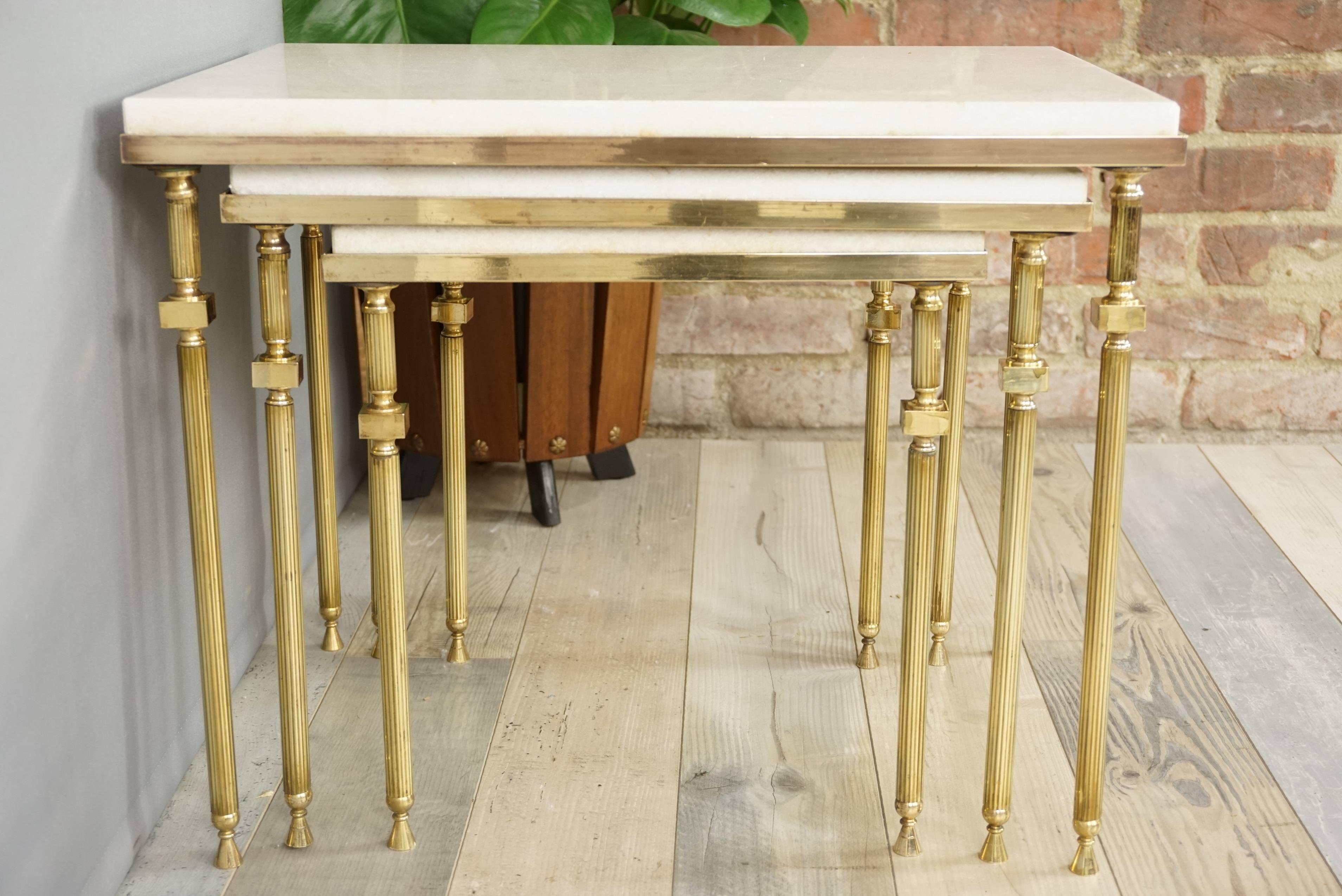 French Design Brass and White Marble Set of Nesting Tables For Sale 12