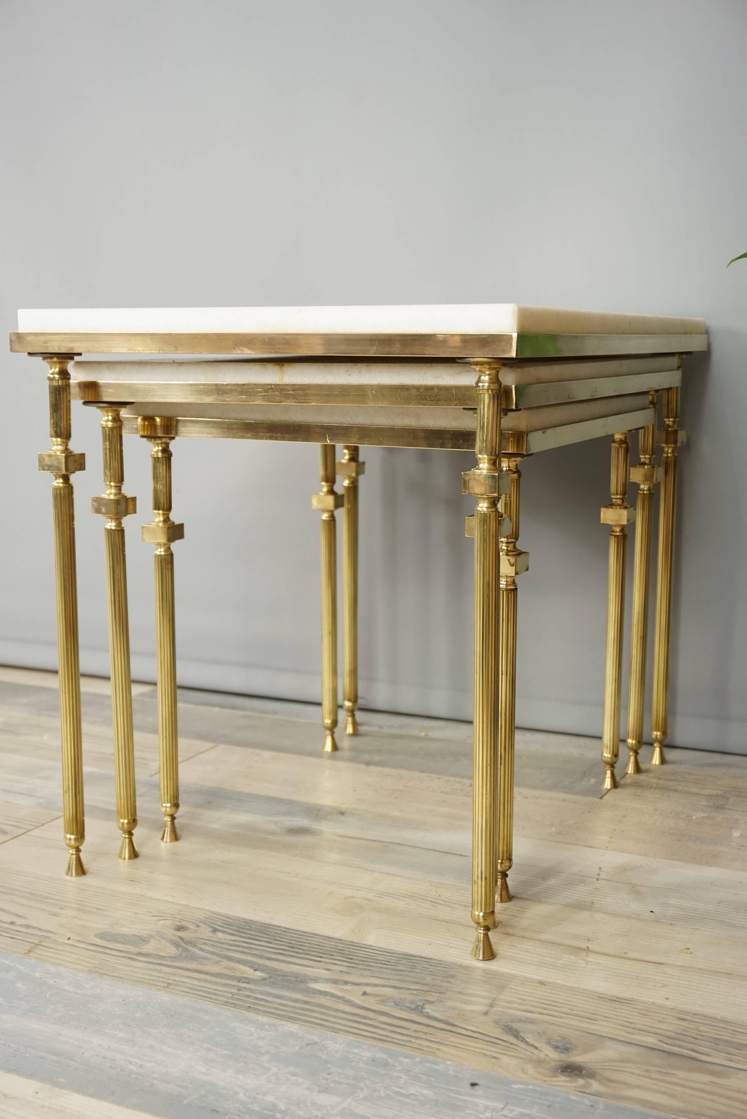 French Design Brass and White Marble Set of Nesting Tables For Sale 14