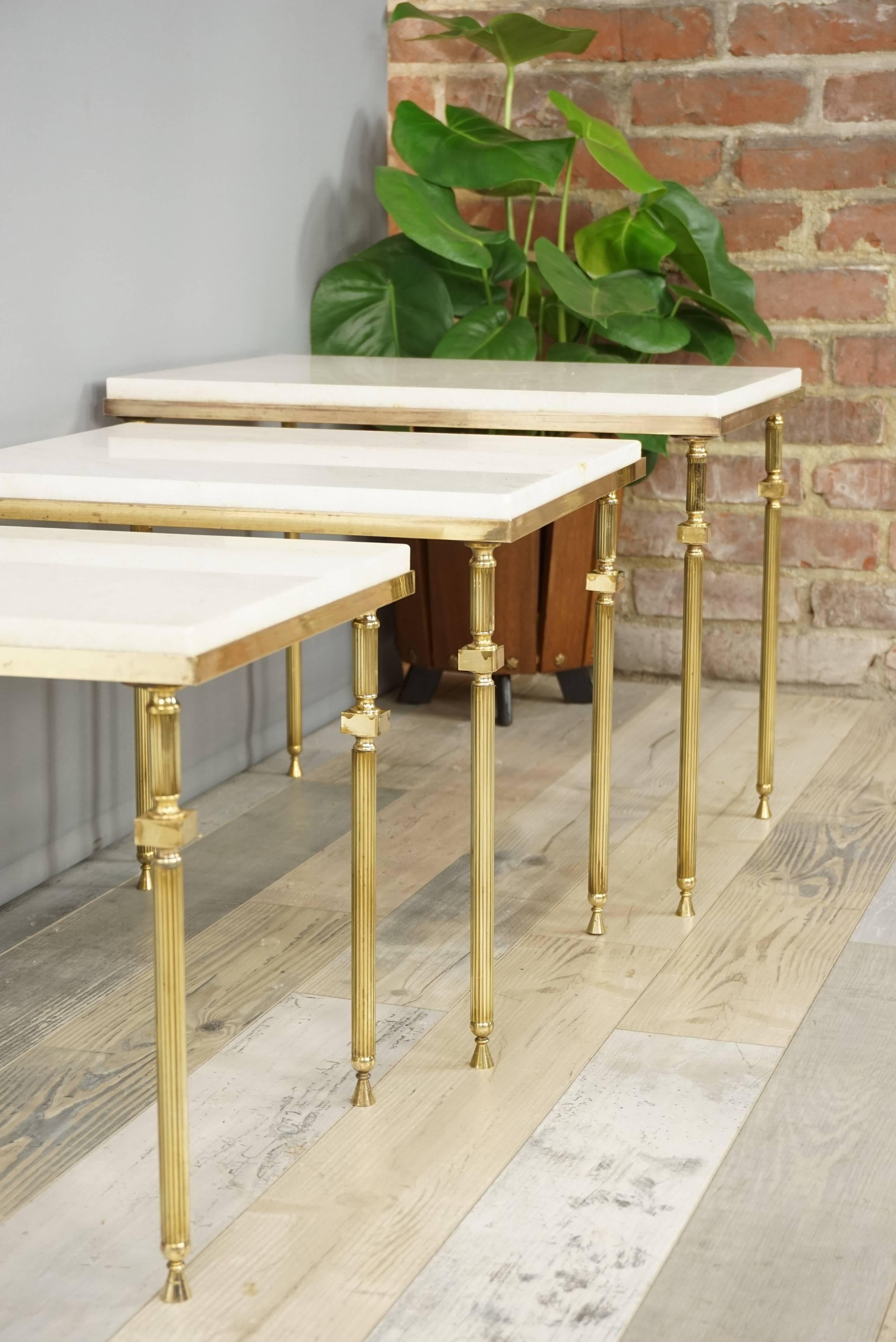 French Design Brass and White Marble Set of Nesting Tables For Sale 3