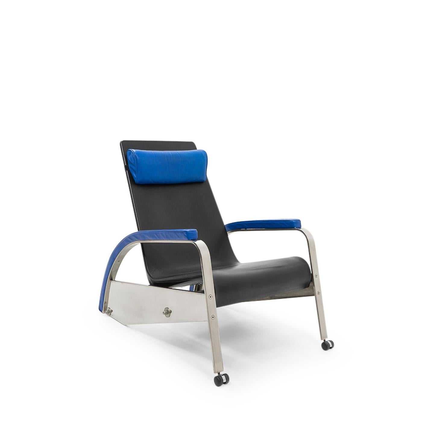 The D80 lounge chair (also called the Machine Chair) was originally designed during the 1920s by Jean Prouvé for his own use:

The chair is built up in metal, with a leather seat stretched over a frame that can be changed position due to the