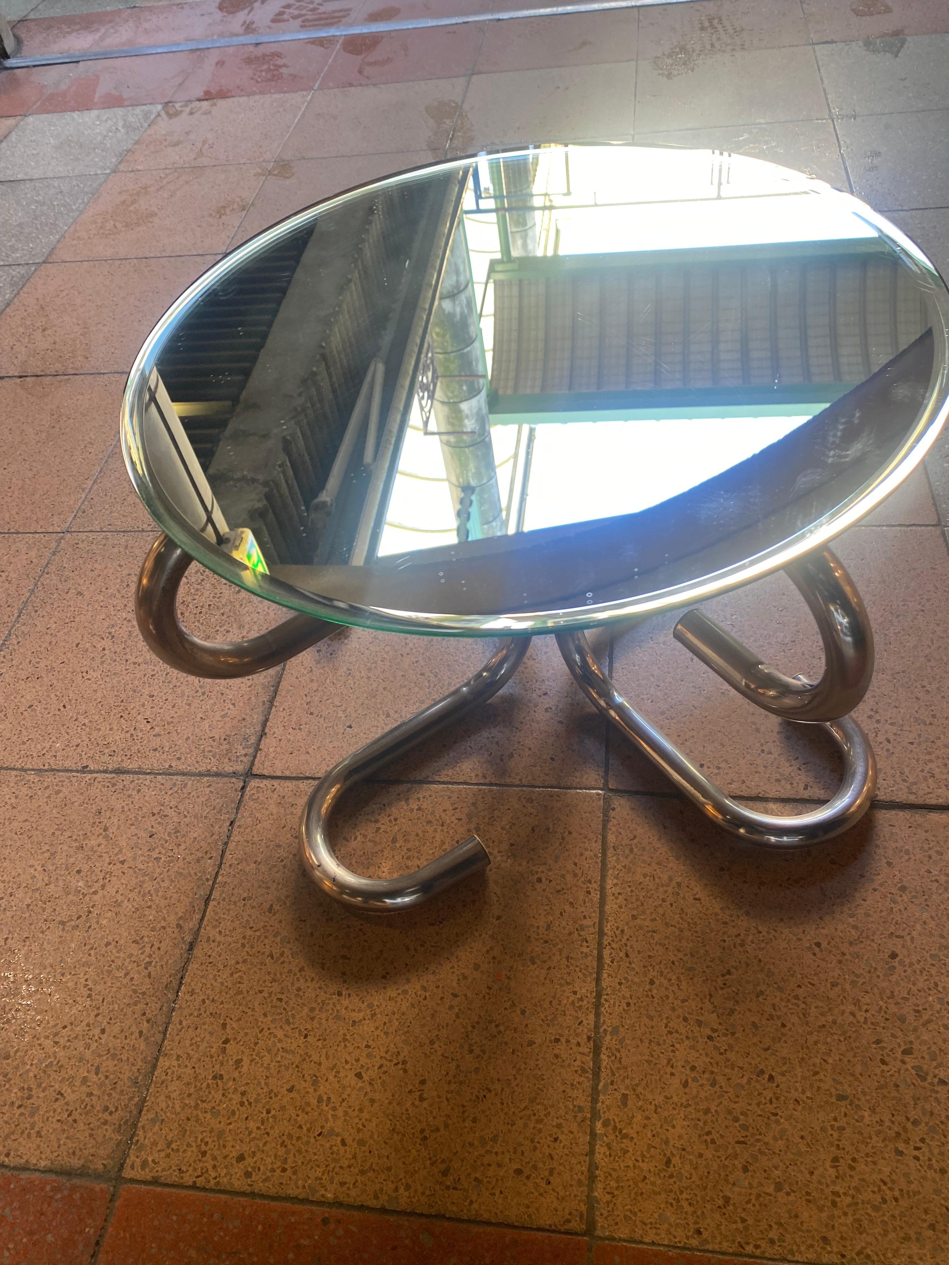 Glass French design  Coffee table / end of sofa  Stainless steel/ mirrored glass For Sale