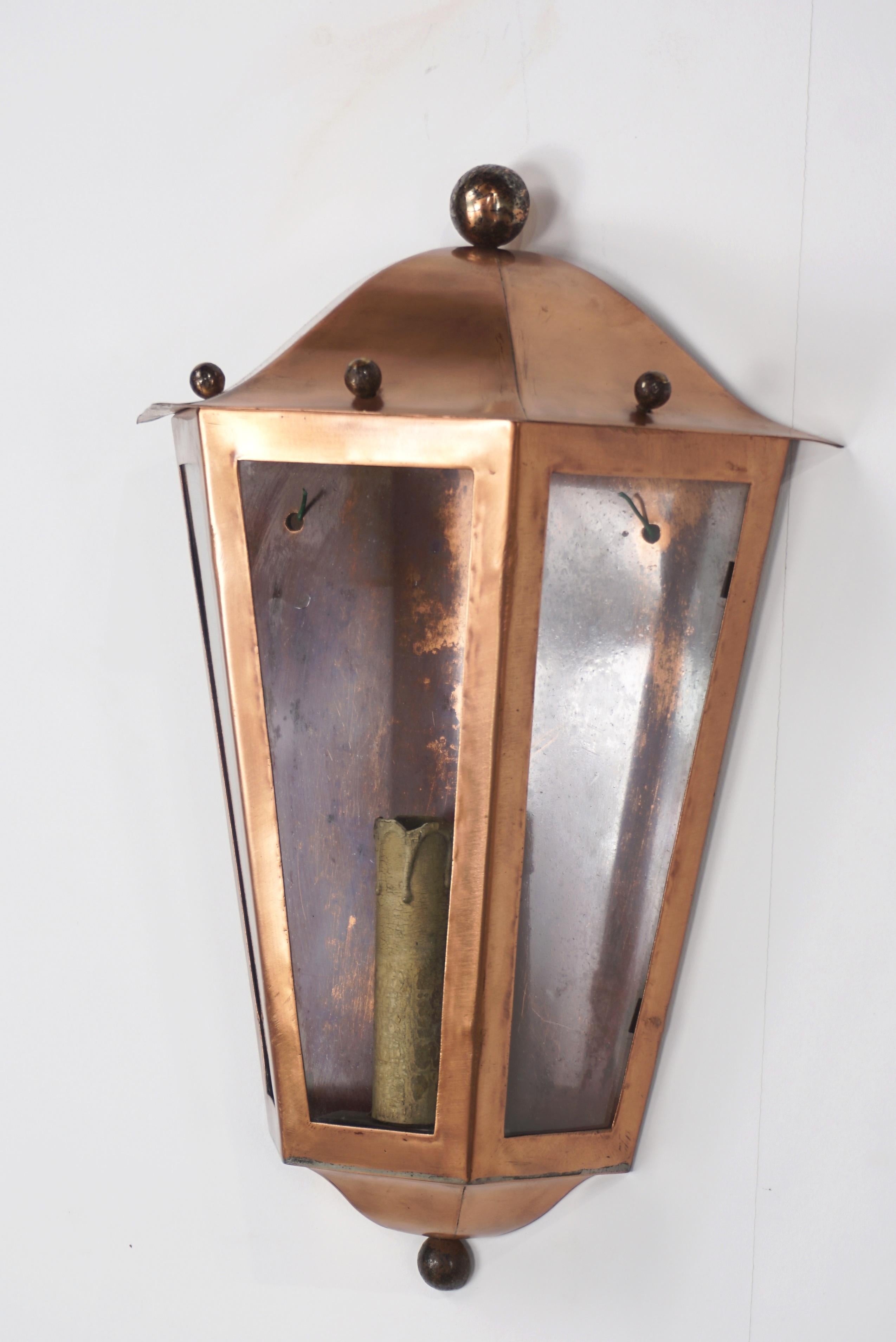 French design copper and glass lantern pair of wall light.