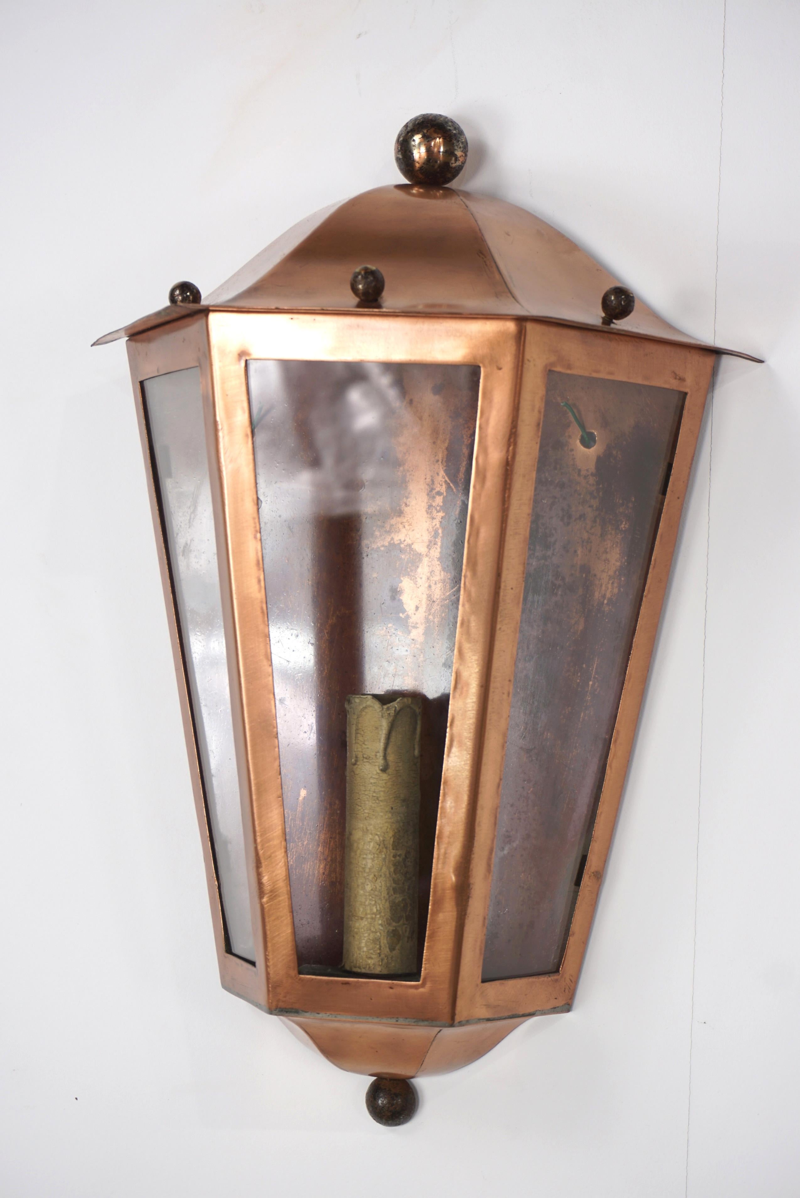 20th Century French Design Copper and Glass Lantern Pair of Wall Light