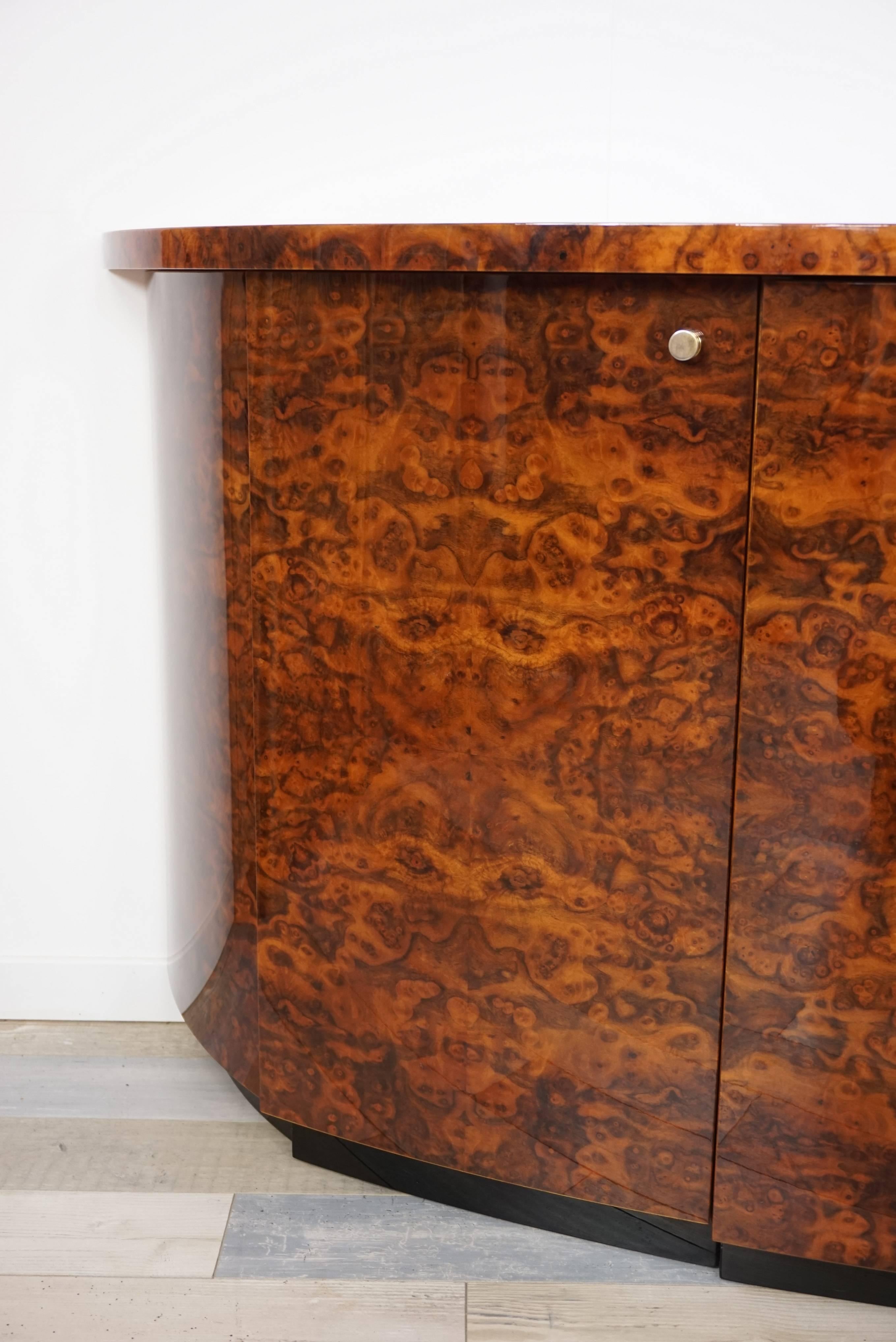 Late 20th Century French Design from Paris and Art Deco Style Burl Wood and Brass Curved Sideboard
