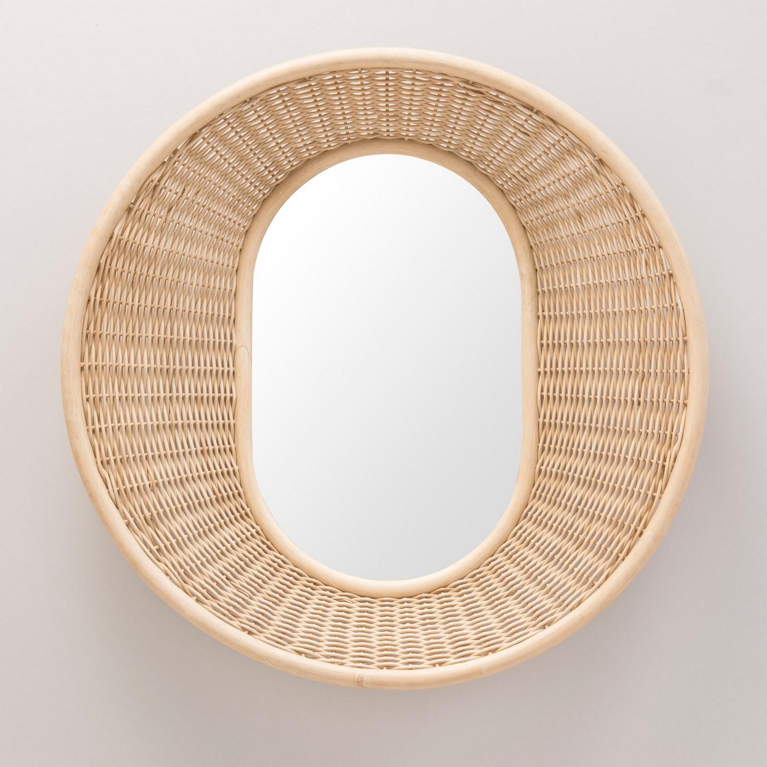 French design Handbraided horizontal or vertical wall-mounted curved rattan mirror.