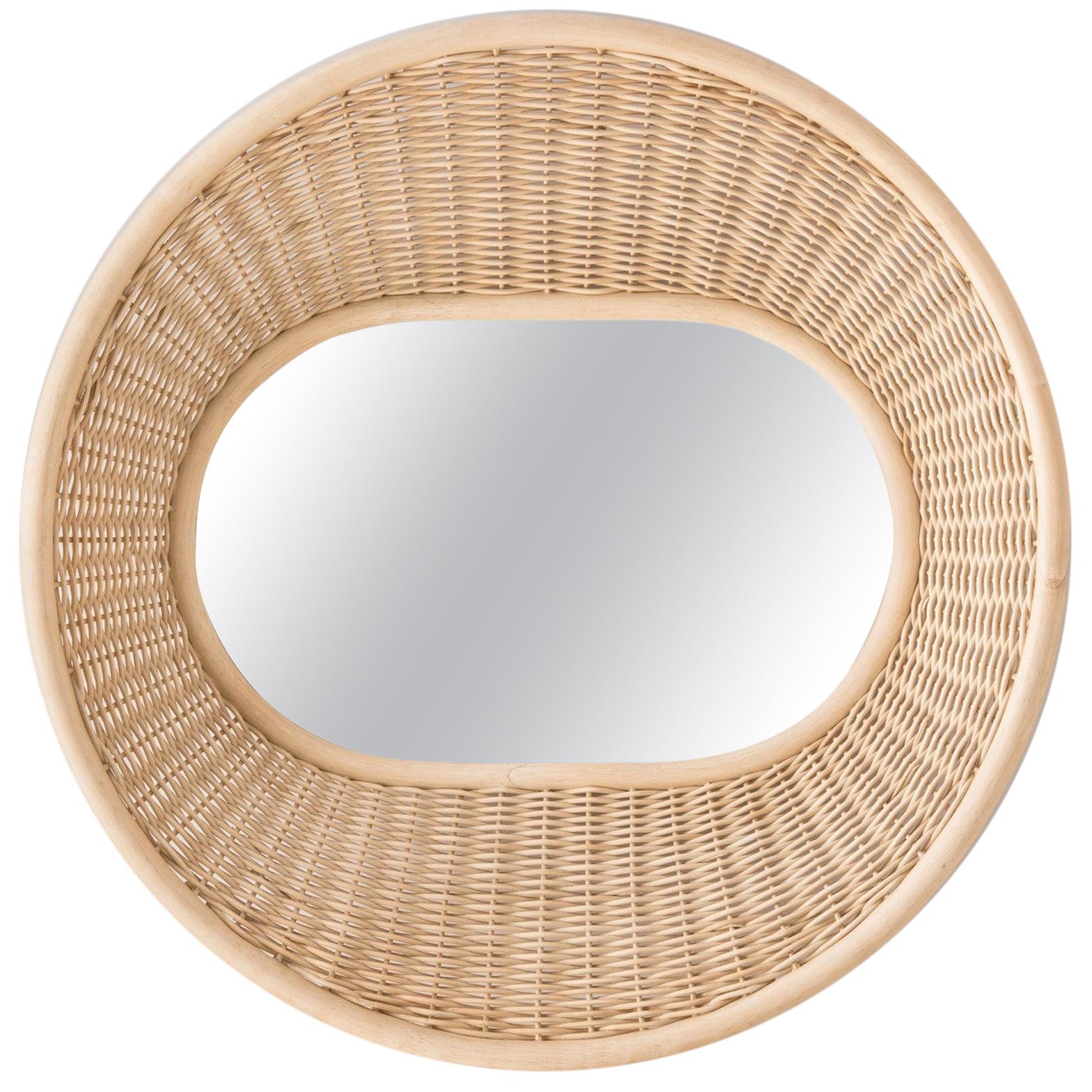 French Design Handbraided and Curved Rattan Wall-Mounted Mirror