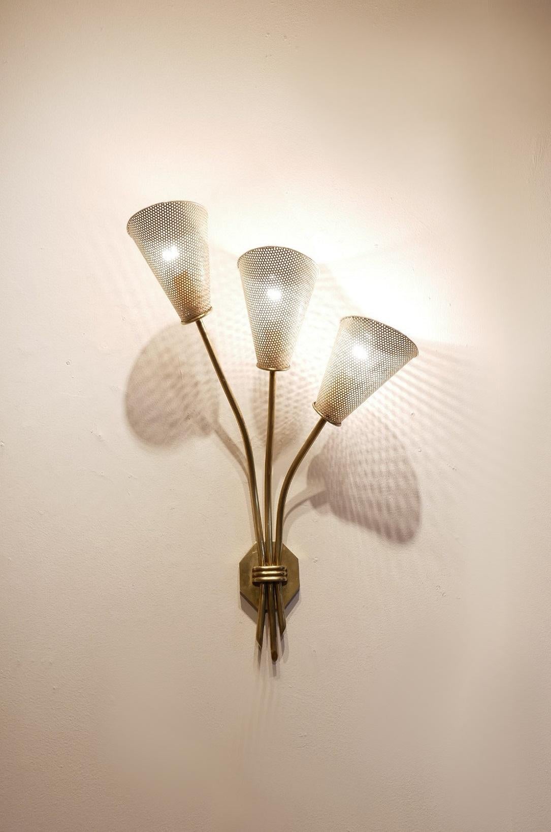 French Design Kobis & Lorens Perforated Metal 3-Stems Sconce For Sale 5