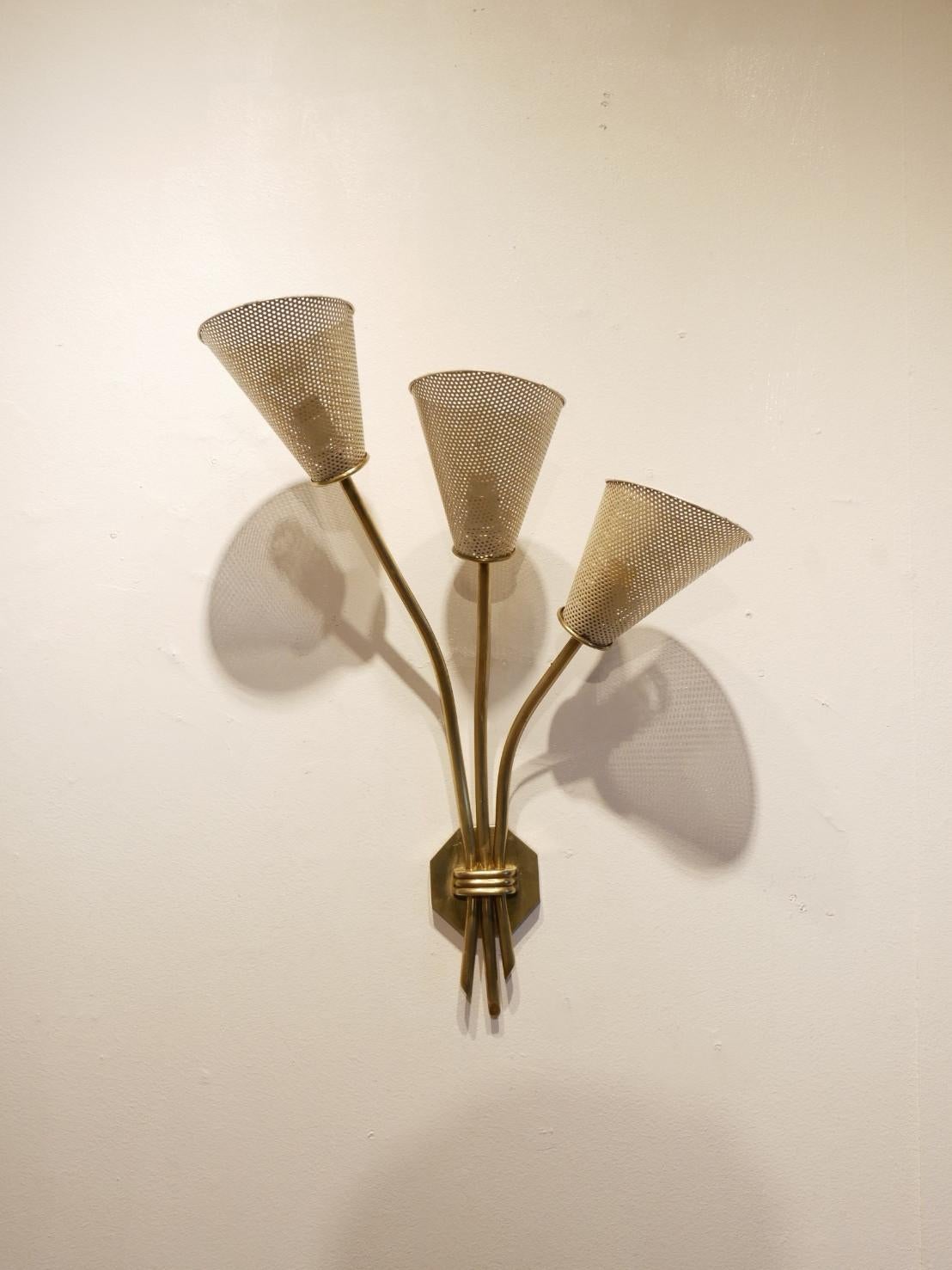 Mid-Century Modern French Design Kobis & Lorens Perforated Metal 3-Stems Sconce For Sale