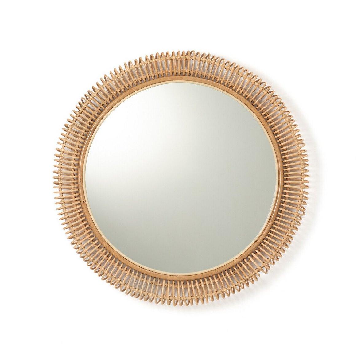 Scandinave moderne Grand miroir rond en rotin de conception française en vente