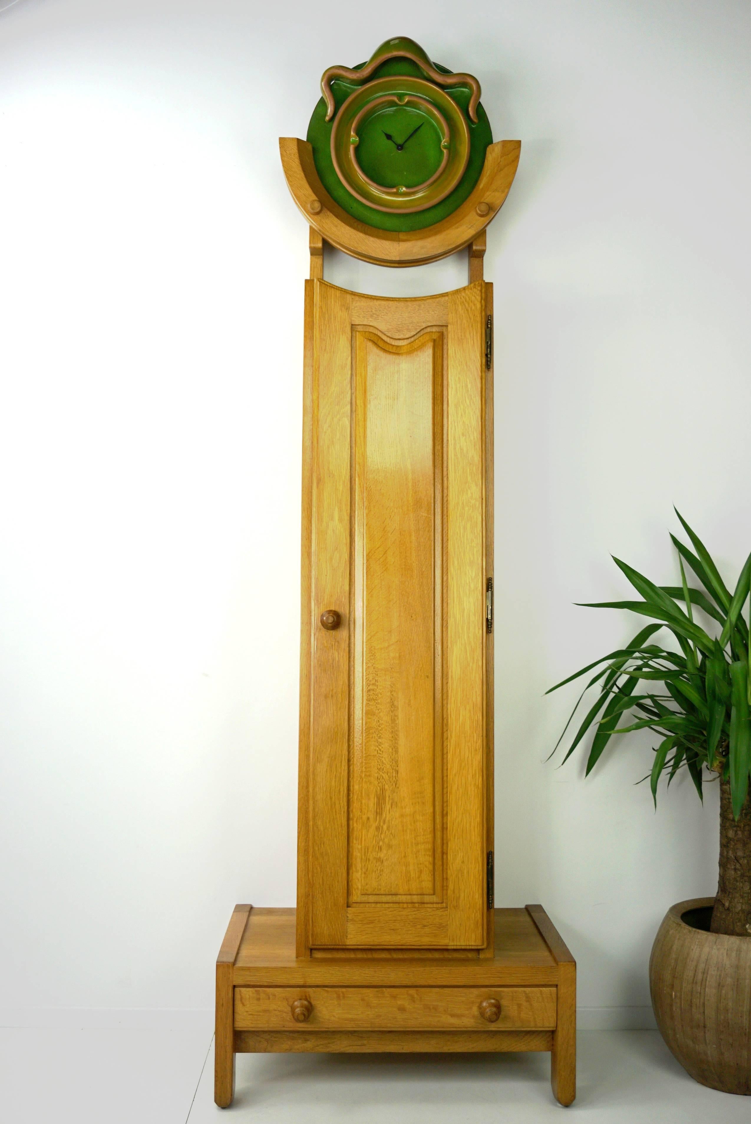 Mid-Century Modern French Design Oak And Ceramic Longcase Clock By Guillerme And Chambron