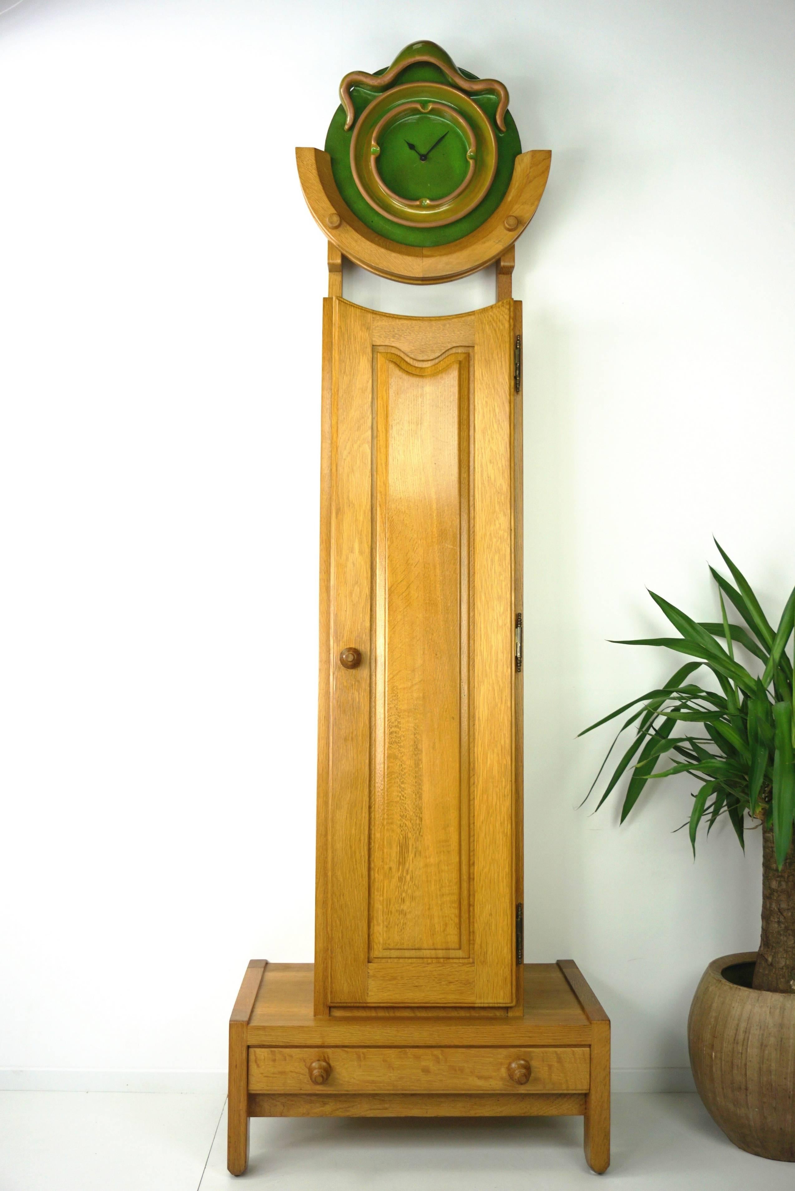 Mid-20th Century French Design Oak And Ceramic Longcase Clock By Guillerme And Chambron
