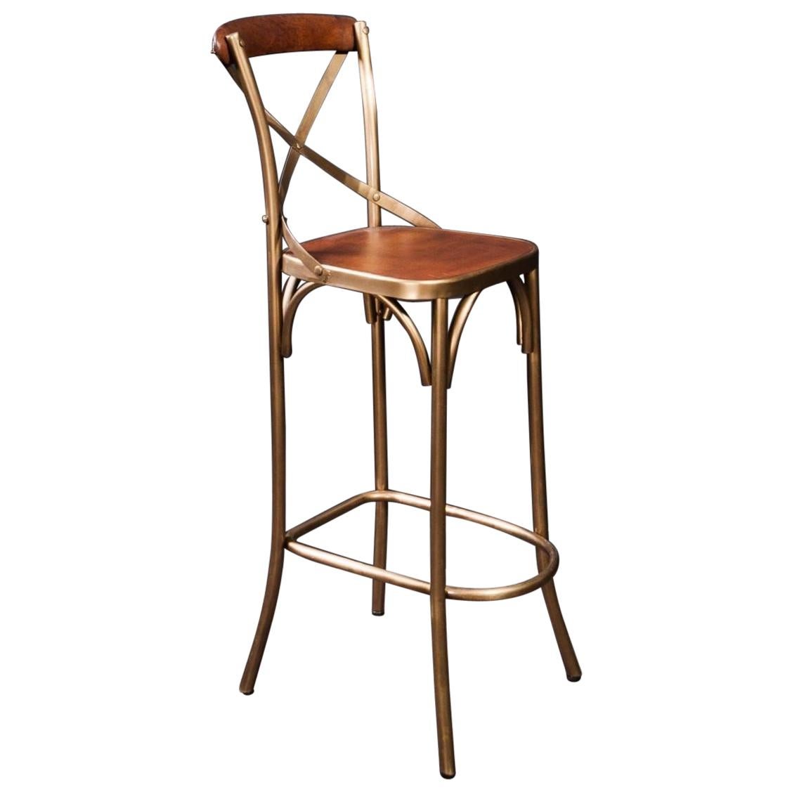 French Design Patina Brass Finish Metal and Cognac Leather Bar Stool For Sale