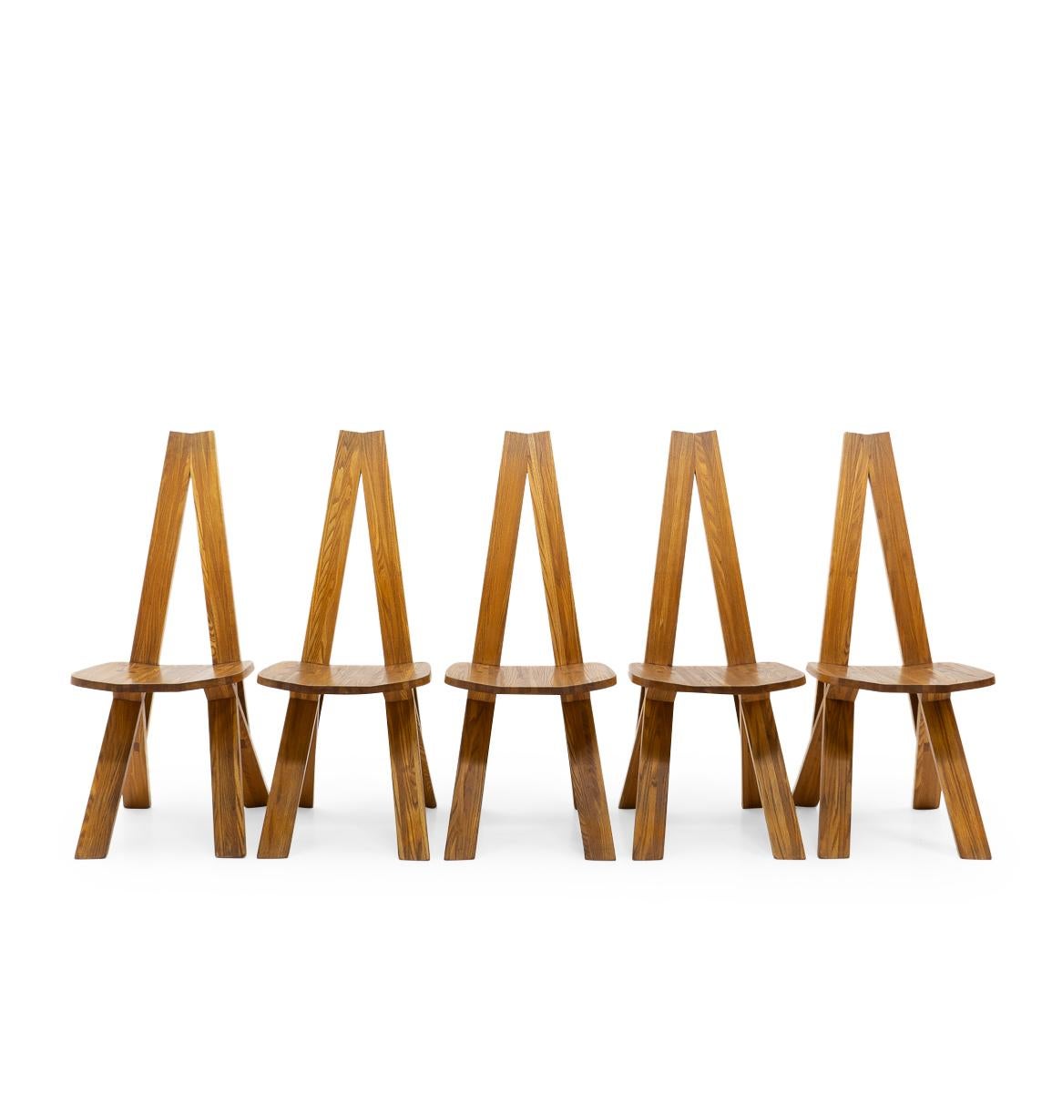 Set of five S45 ‘Chlacc’ chairs by Pierre Chapo:

“The S45 is one of the most sculptural creations in the Chapo catalogue, a design that bears not a passing resemblance to the iconic tower in the capital where it’s creator was born.” (From Pierre