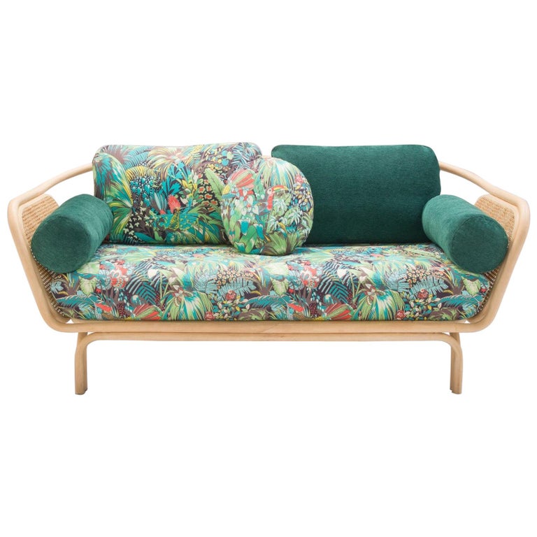 French Design Rattan and Wicker Cane with Green Forest and Jungle Fabric  Sofa For Sale at 1stDibs