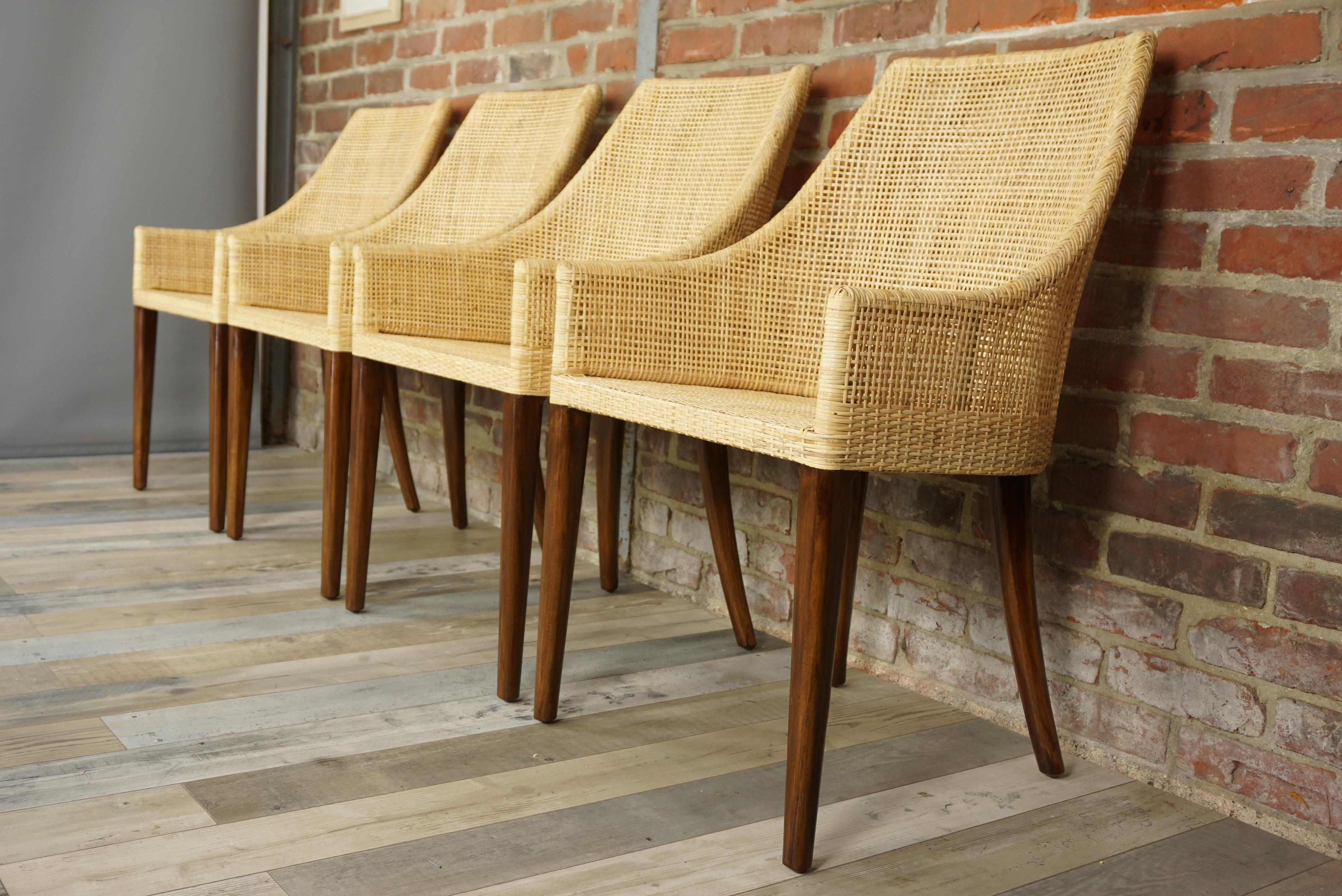 Contemporary French Design Rattan and Wooden Set of 4 Chairs For Sale